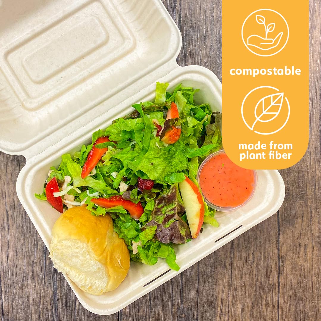 Eco-Friendly 100% Compostable Disposable Food Containers with Lids [9”X6” 500 Pack] - Heavy-Duty Biodegradable Takeout Containers for Restaurants, Catering & Picnics | Unbleached Sustainable Packaging by Earth's Natural Alternative