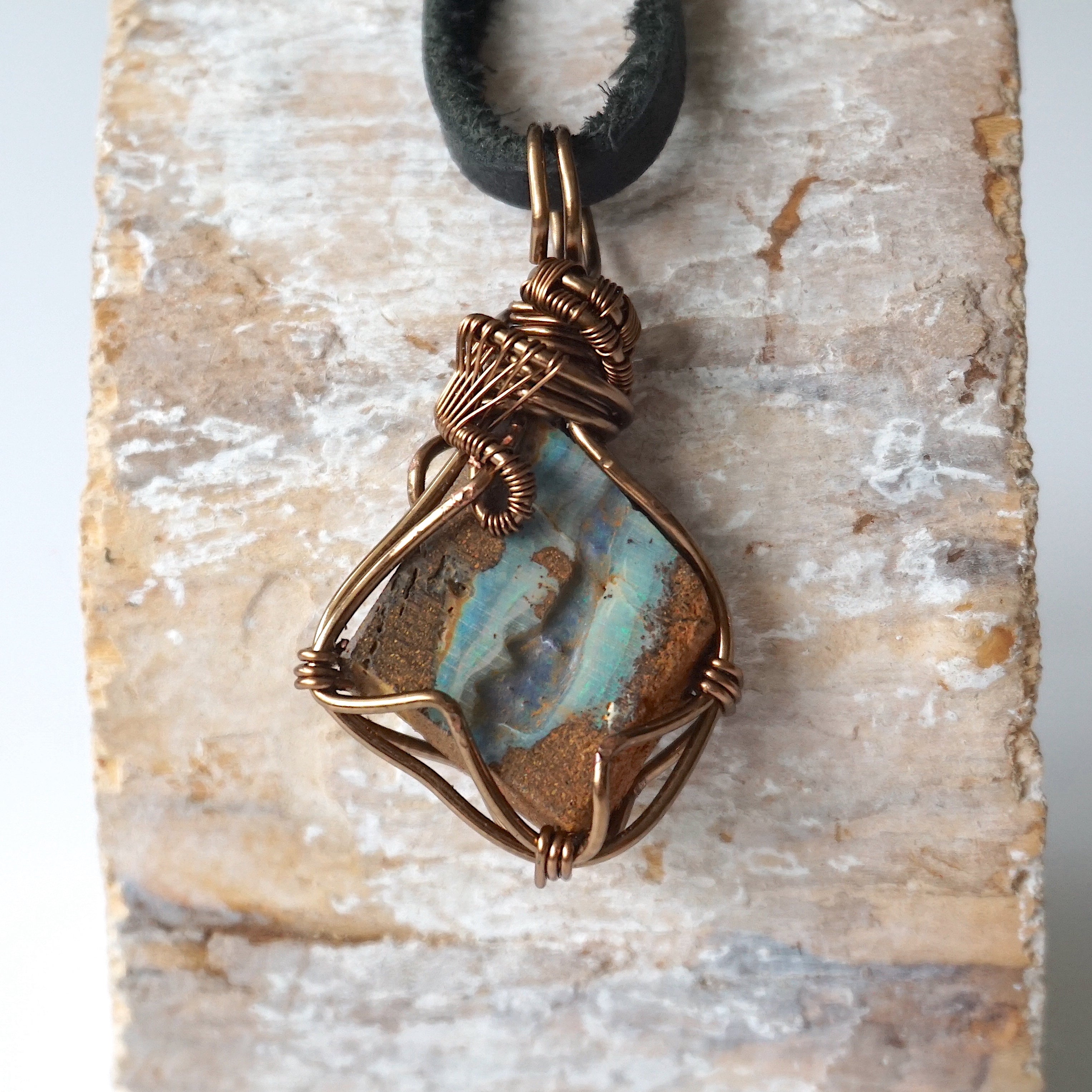 Blue Boulder Opal Pendant Necklace in Antique Brass - Elegant Bohemian Jewelry for Women, Perfect for Weddings, Parties & Everyday Wear