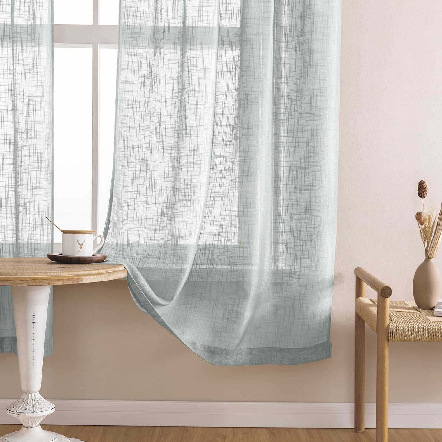 Light Gray Semi Sheer Faux Linen Curtains - 2 Panels 36x48 Inches, Rod Pocket Window Drapes for Bathroom, Bedroom & Kitchen - Soft Privacy & Elegant Home Decor