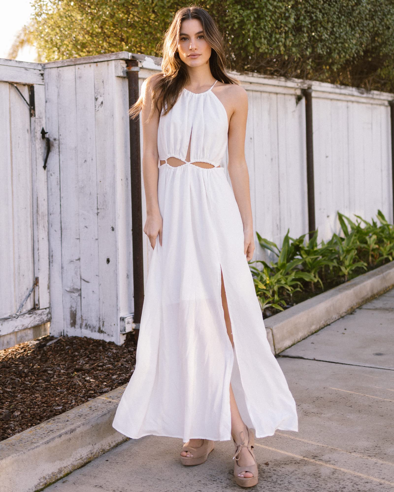 BTFBM Women's Summer Halter Dress 2025 - Sleeveless Cutout Backless Boho Maxi Sundress with Slit for Casual, Beach, Wedding & Vacation Wear | Lightweight Flowy Dress for Outdoor Parties, Date Night, and Tropical Getaways