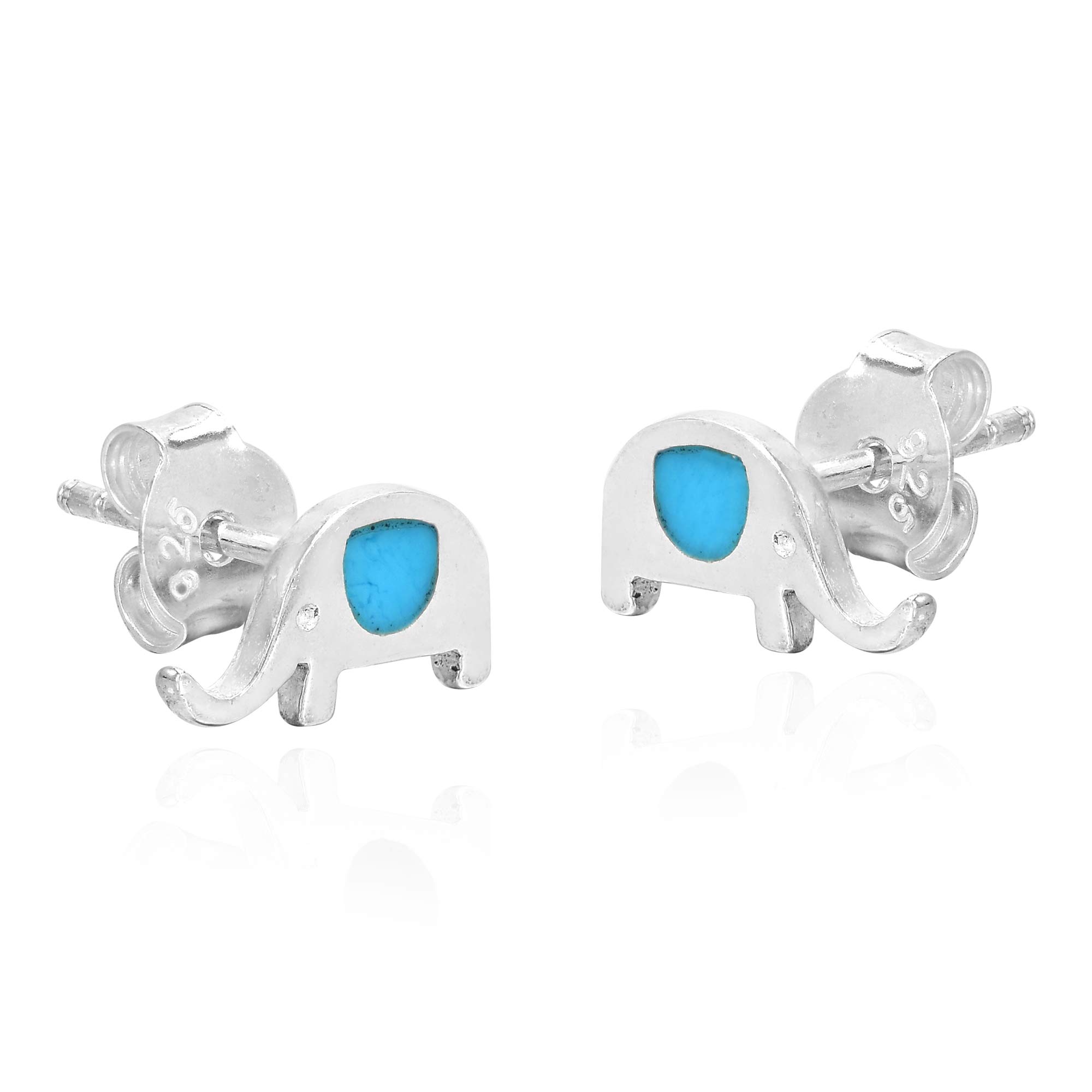 AeraVida .925 Sterling Silver Elephant Stud Earrings with Simulated Blue Turquoise Inlay | Cute Animal Jewelry for Women | Perfect Gift for Birthday, Anniversary & Everyday Wear
