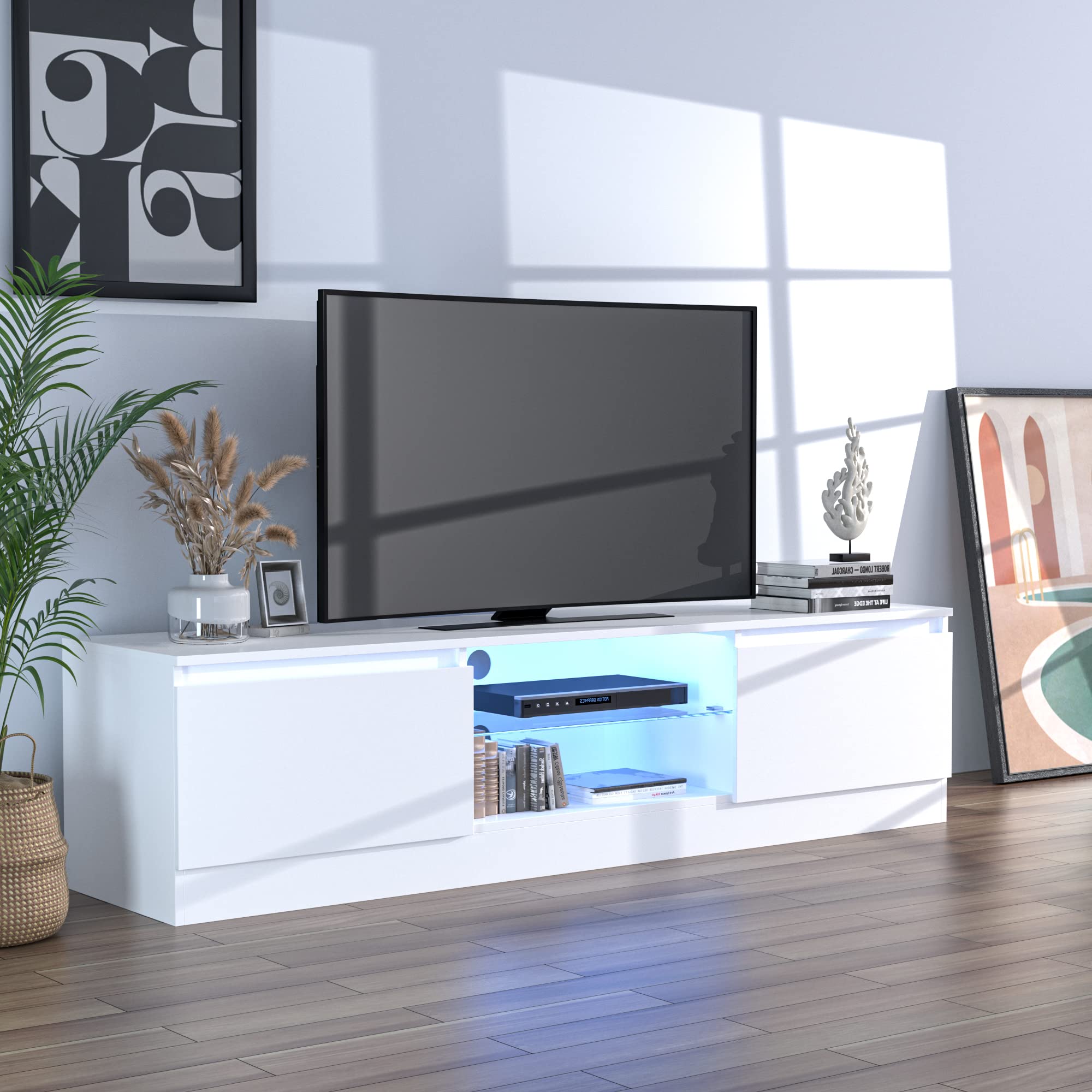 Modern White TV Stand for 55-70 Inch TVs - High Gloss Media Console with LED Lights & Ample Storage - Perfect Entertainment Center for Living Room, Bedroom or Home Theater