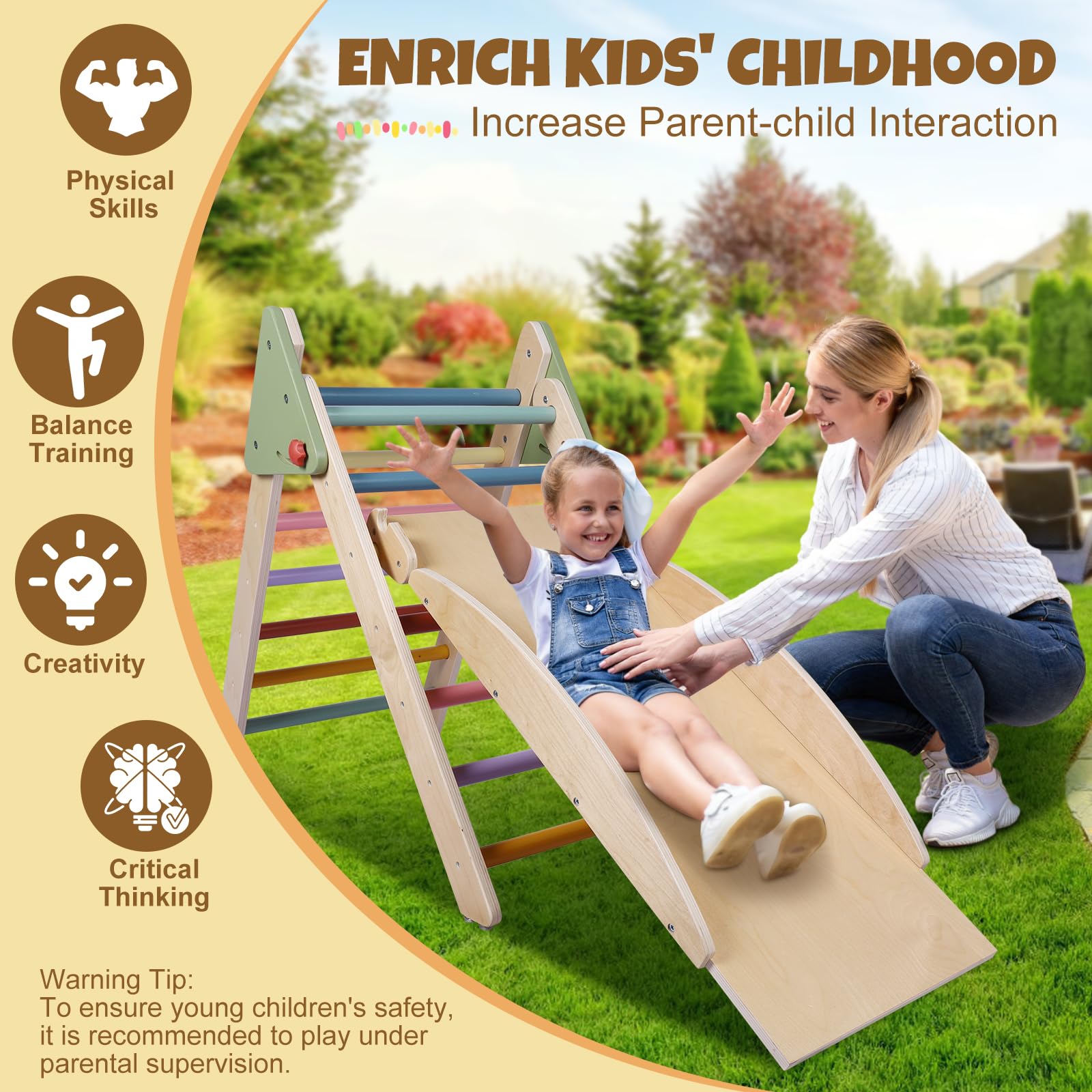 5-in-1 Montessori Wooden Climbing Set for Toddlers - Foldable Pikler Triangle, Reversible Slide & Indoor Play Gym - Safe Baby Climbing Toys for Home Playroom, Nursery or Daycare - Encourages Motor Skills Development