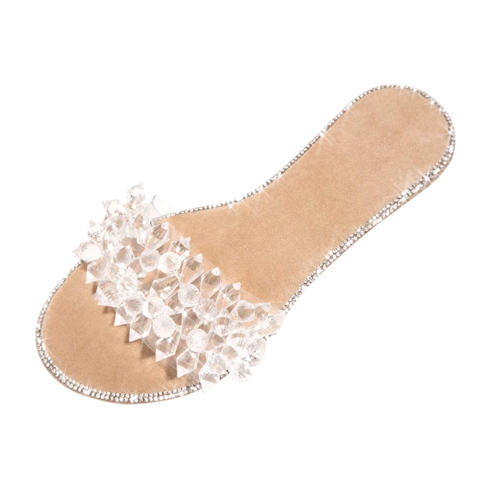 TUSANG Women's Retro Flat Slippers - Crystal Embellished Sandals for Shower, Beach & Home Comfort - Non-Slip Bathroom & Pool Slides - Fashionable House Shoes for Women