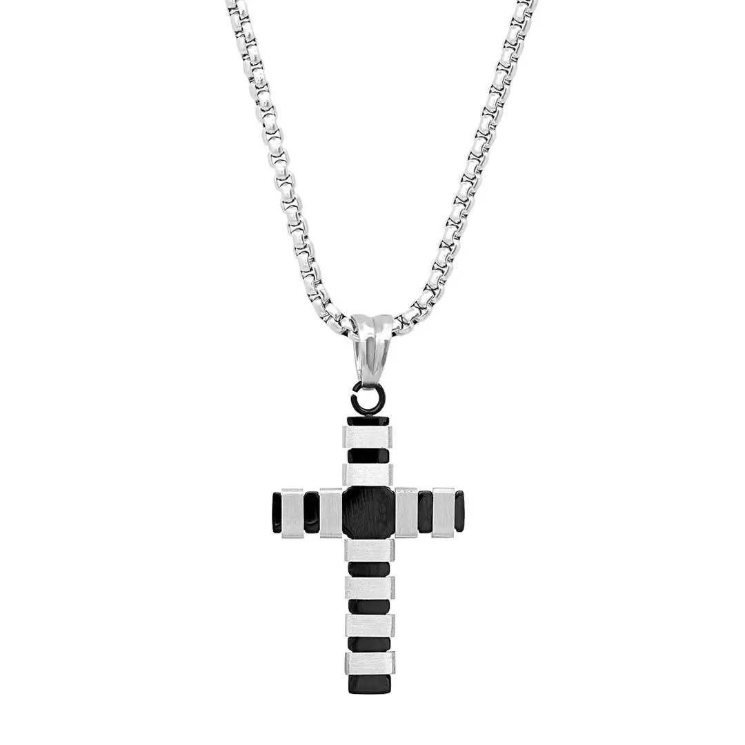 Steeltime Striped Cross Pendant Necklace for Women - Stainless Steel Religious Jewelry Gift for Baptism, Confirmation & Everyday Wear