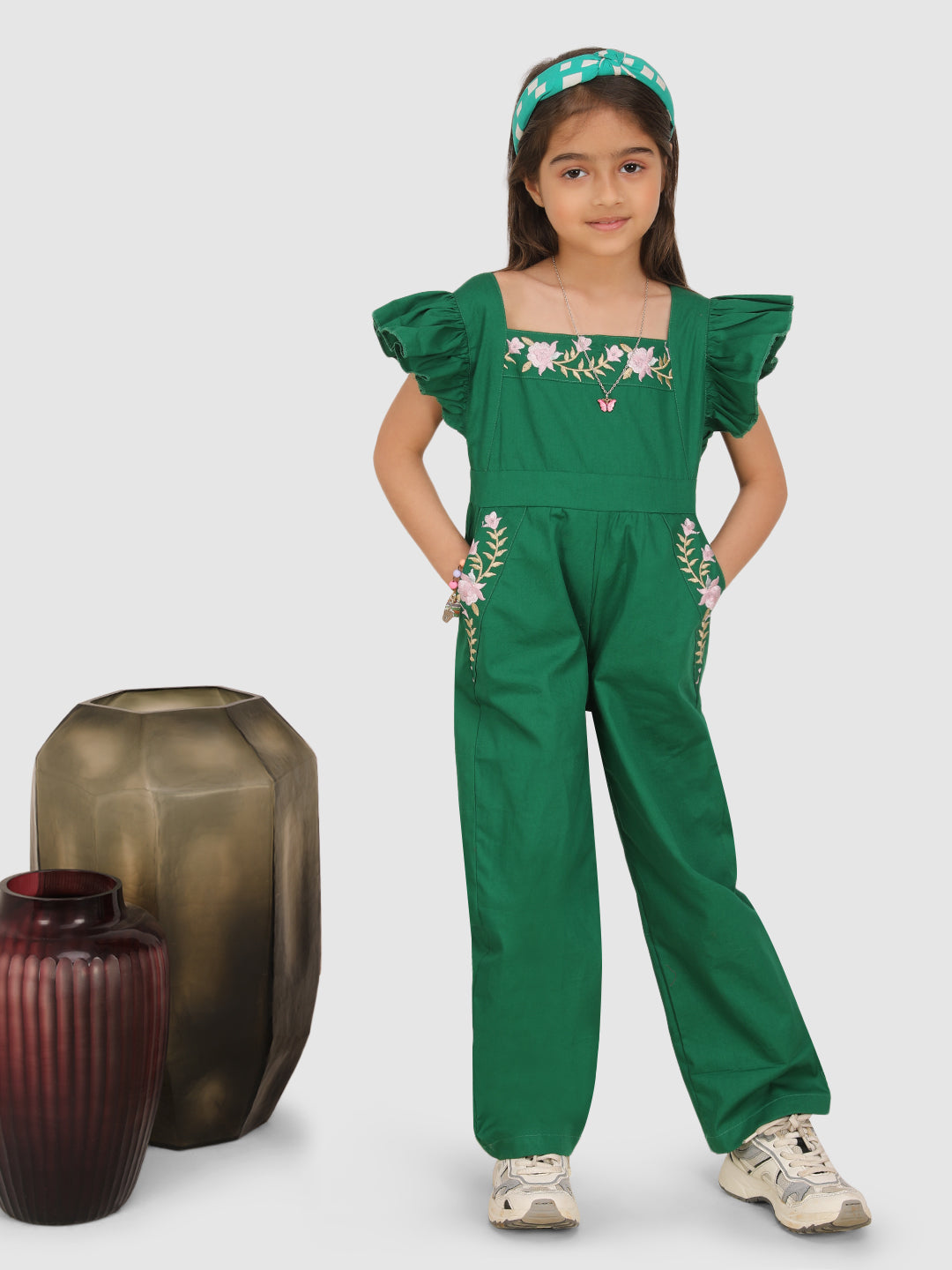 Stylish Green Jumpsuit with Embroidery on Neck and Pocket - Perfect for Casual Outings, Workwear & Fashionable Everyday Wear