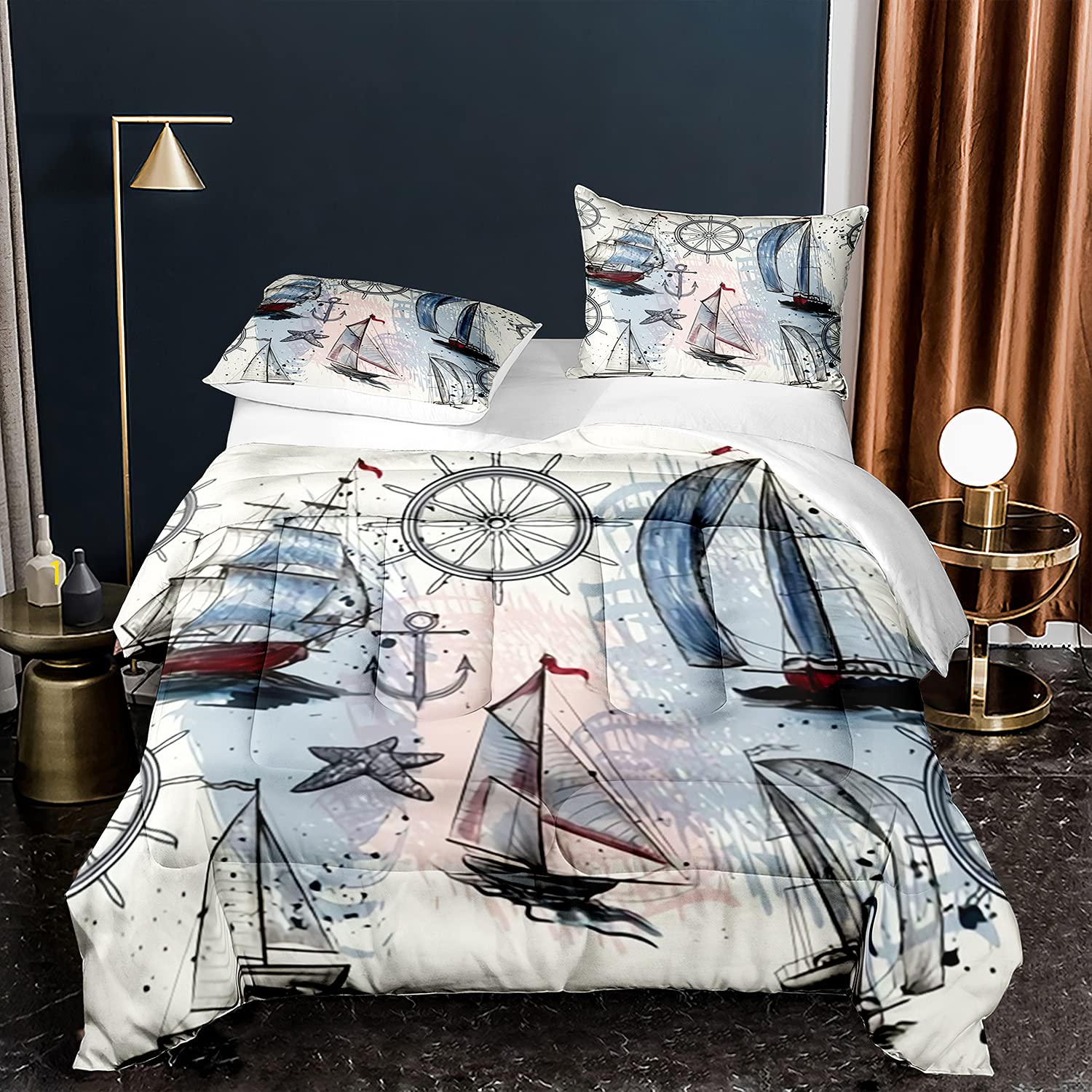 Nautical Sailboat Comforter Set King Size - Ocean Theme Sailing Ships Anchor Rudder Duvet Cover for Boys, Kids & Teens - 1 Comforter + 2 Pillowcases - Perfect for Coastal Bedrooms, Beach House Decor & Nautical Nursery Themes