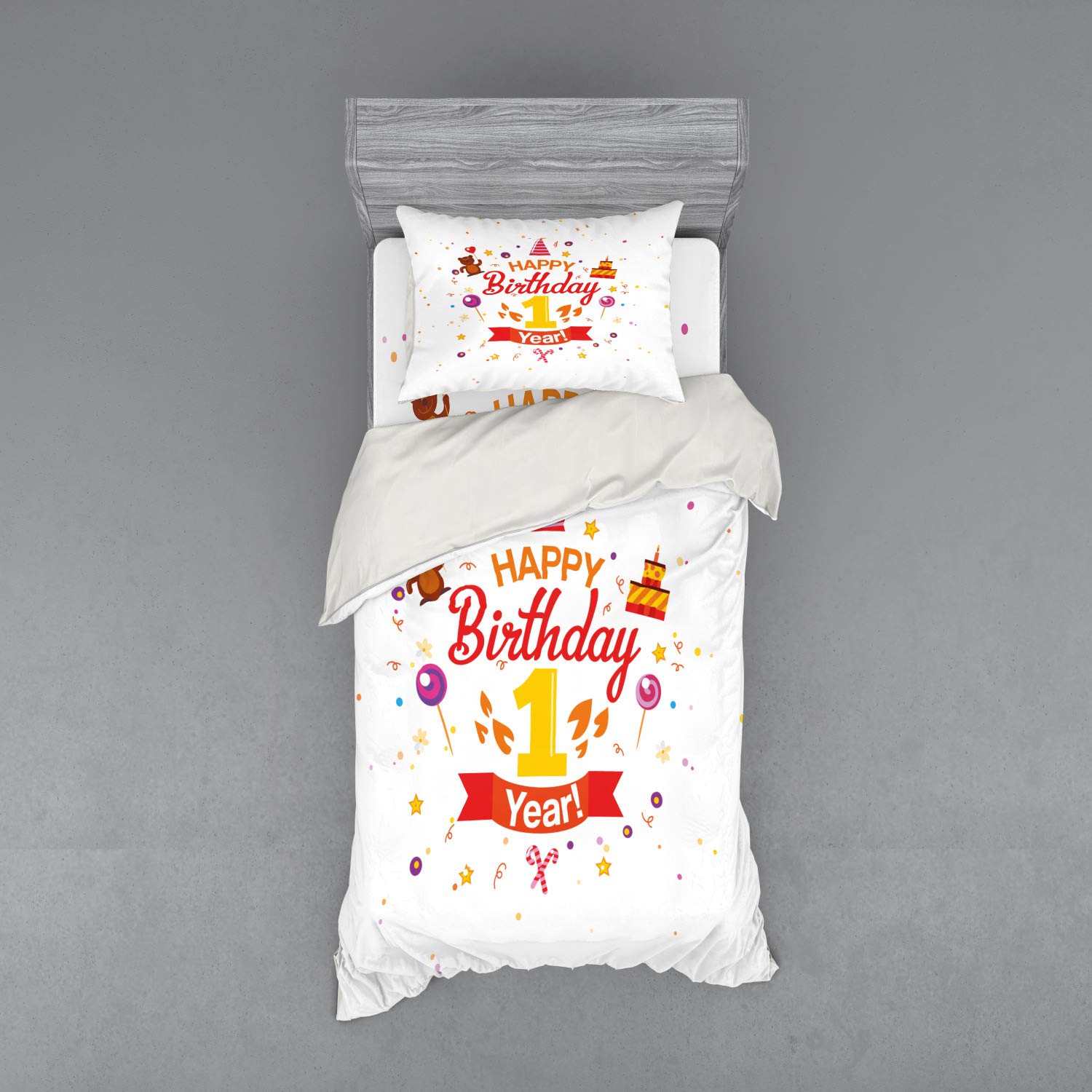 Ambesonne 1st Birthday Duvet Cover Set - 3 Piece Twin Size Bedding with Sham & Fitted Sheet - Cute Teddy Bear, Candies & Cake Print in Red Marigold & Purple - Perfect for Birthday Party Decorations & Kids Room Themes