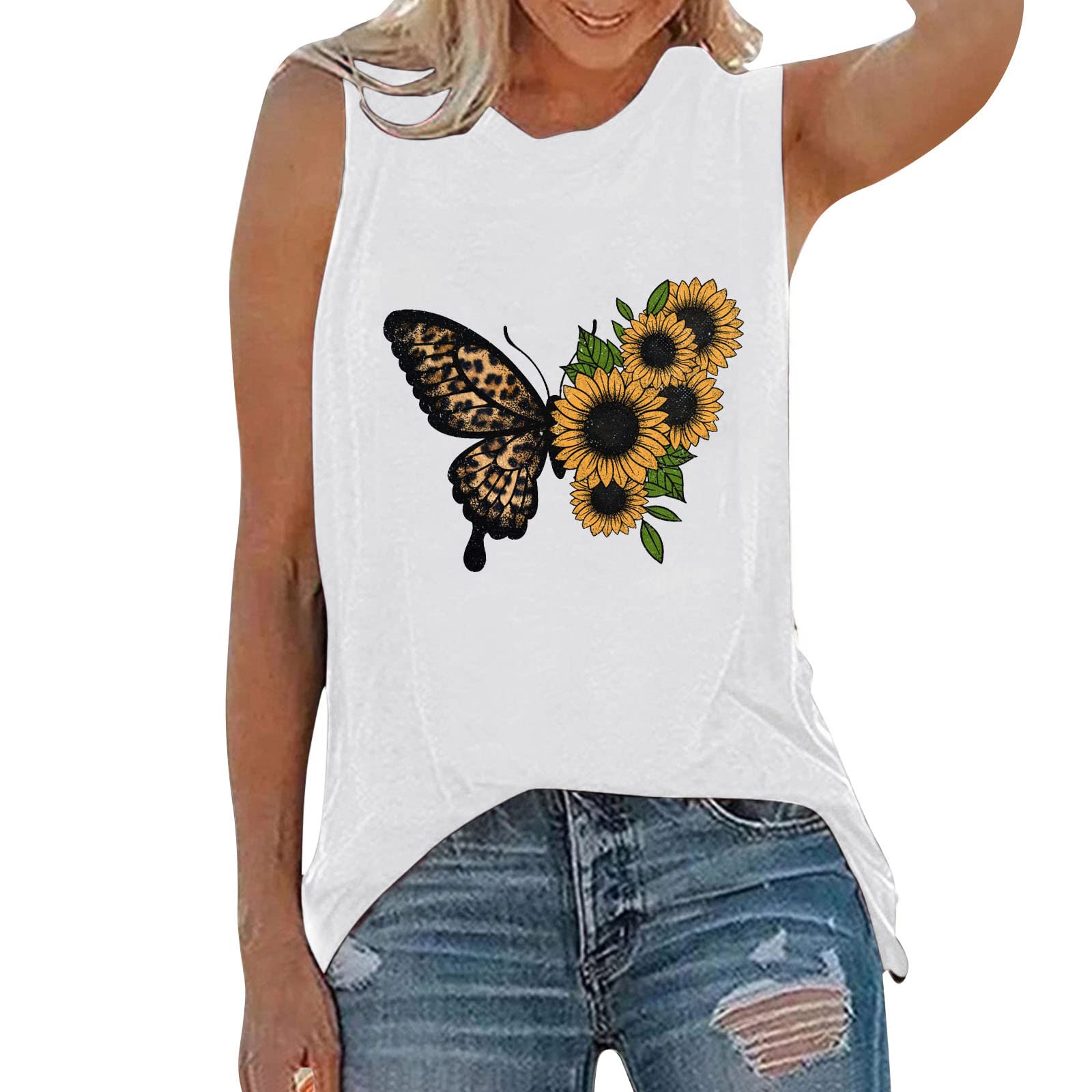 Women's Sleeveless Tank Top - Loose Fit Casual Summer Blouse with Sunflower Print, O-Neck Vest Tee (White, Medium) | Perfect for Beach Outings, Yoga, and Everyday Wear