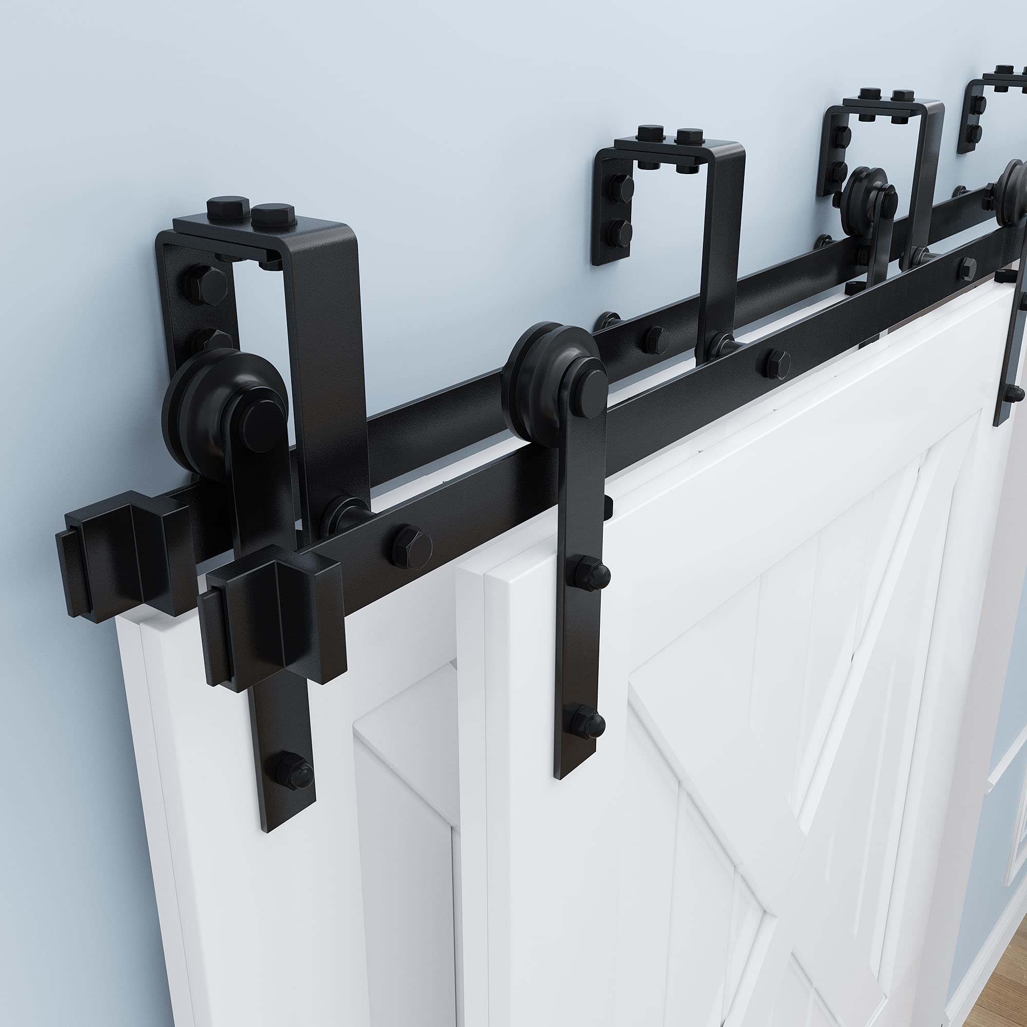 ZEKOO 5FT-16FT Bypass Barn Door Hardware Kit - Double Track Low Ceiling Bracket with Metal Hanger for Double Sliding Barn Doors (4FT Bypass Hardware) - Perfect for Bedroom Closets, Farmhouse Style Homes & Rustic Interior Design