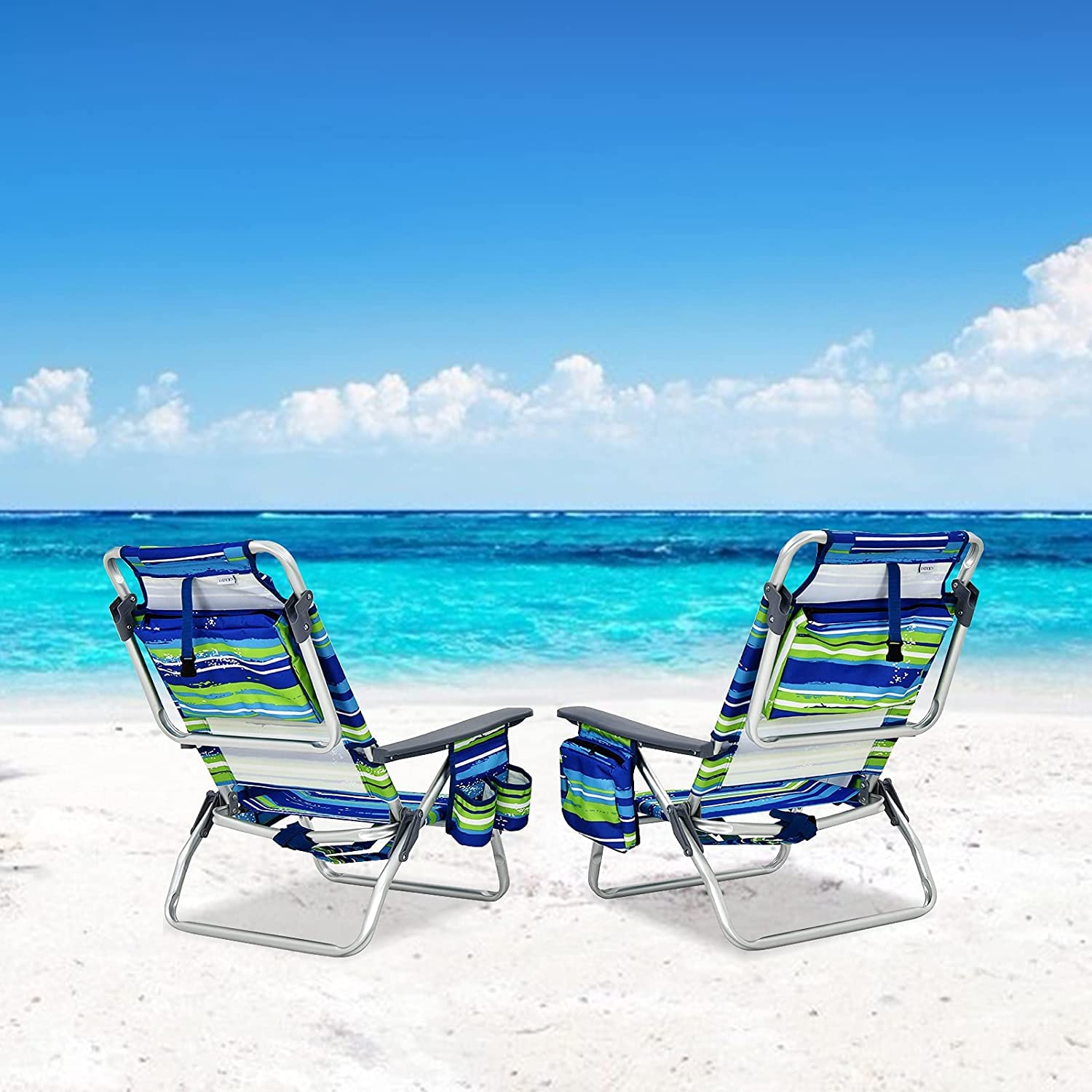 Goplus Folding Beach Chair for Adults - 5 Position Adjustable with Head Pillow, Cooler Bag, Towel Bar & Cup Holders - Portable Backpack Design for Sunbathing, Tanning, Camping & Outdoor Relaxation