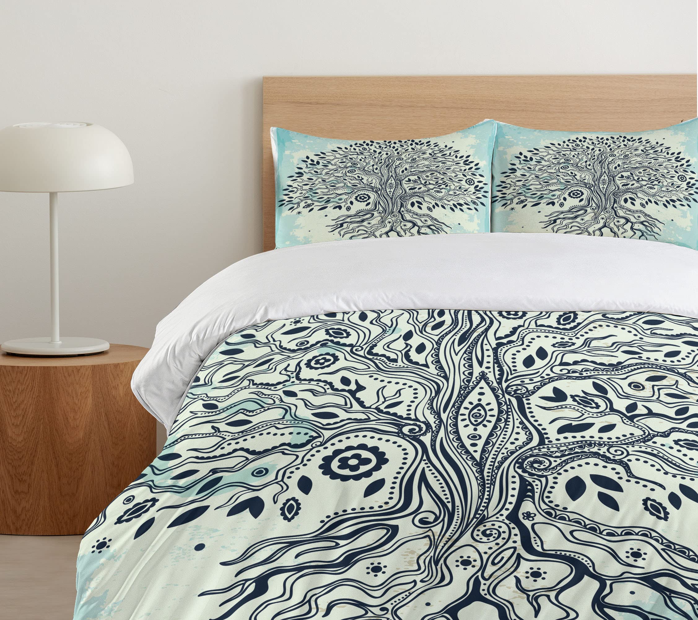 Ambesonne Bohemian Tree of Life Duvet Cover Set - King Size 3-Piece Bedding with 2 Pillow Shams, Indigo Cream Blue Ethnic Print | Hippie Chic Home Decor for Bedroom, Guest Room & Dorm