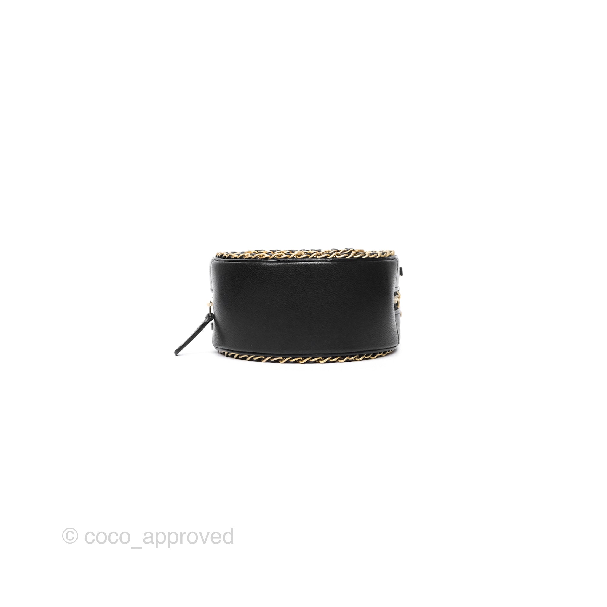 Chanel Black Lambskin Chained Round Filigree Clutch with Gold Hardware - Elegant Evening Bag for Parties, Weddings & Special Occasions