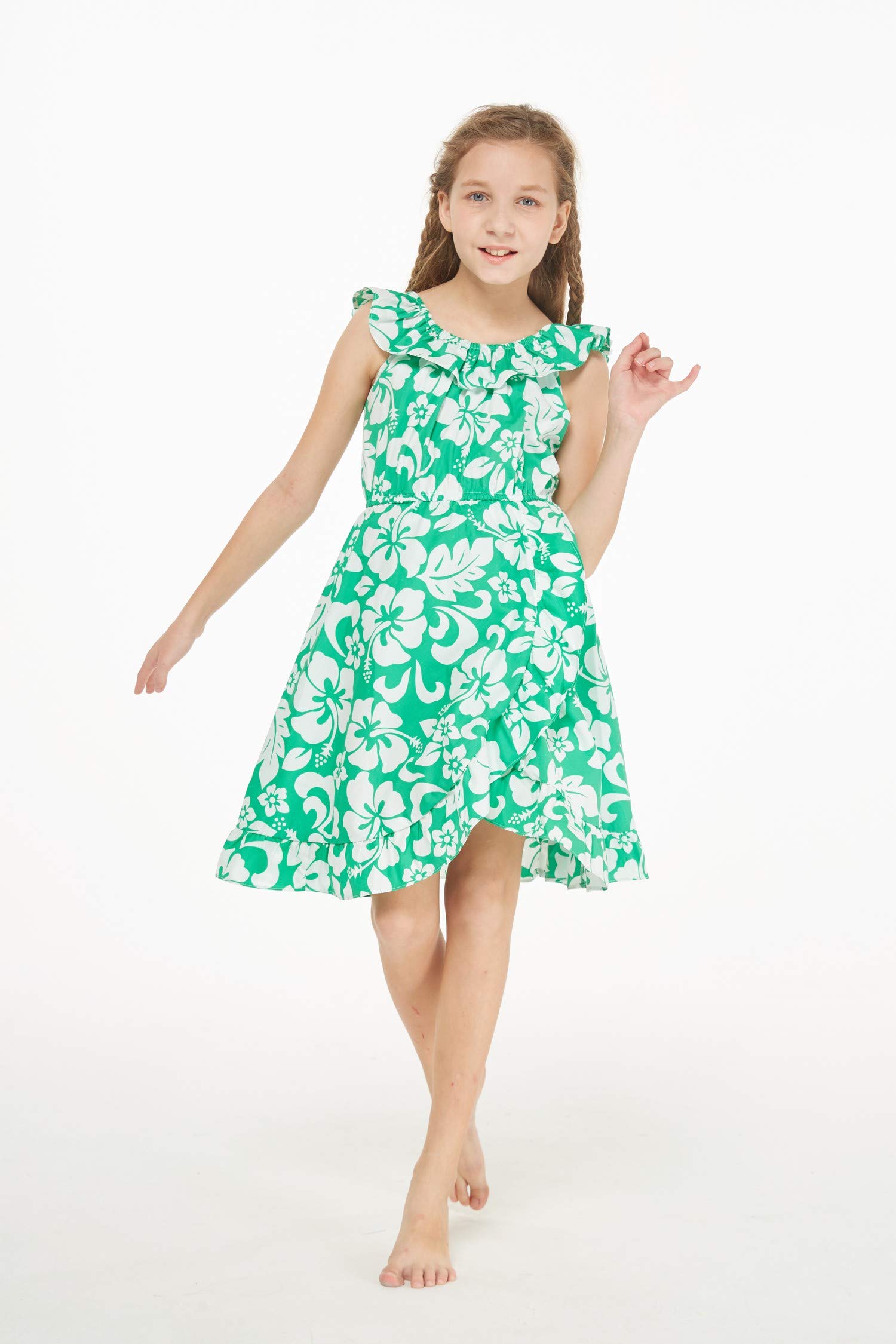Hawaiian Luau Wrap Ruffle Dress for Girls - Classic Red Hibiscus Print - Perfect for Beach Parties, Summer Vacations & Tropical Themed Events
