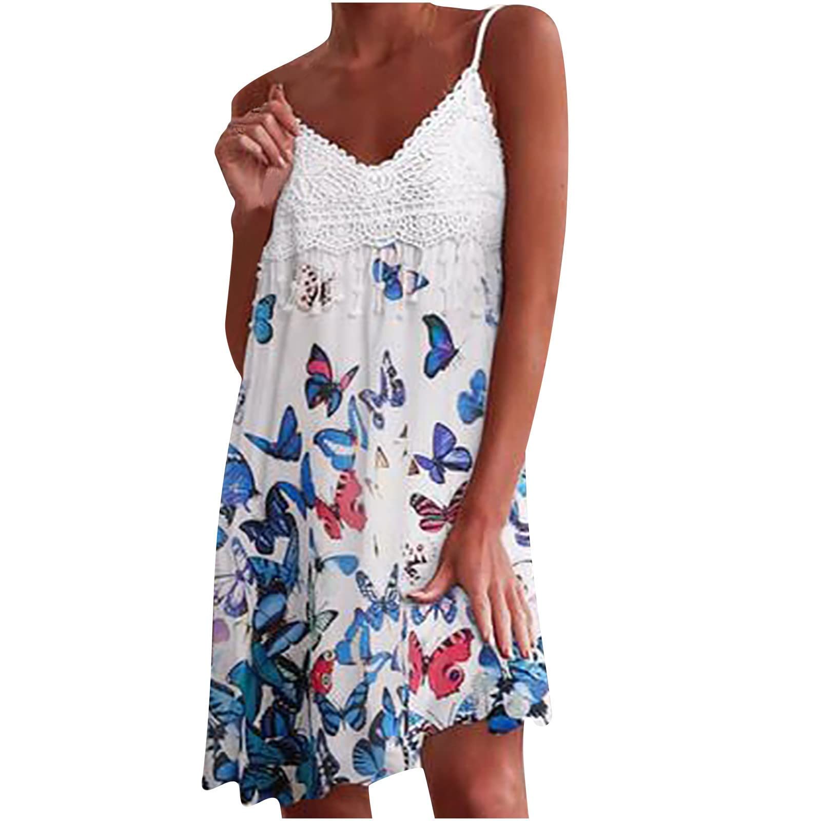 Women's Floral Print Sleeveless Panel Sundress - V Neck Lace Trim Casual Summer Dress for Beach, Vacation & Outdoor Parties