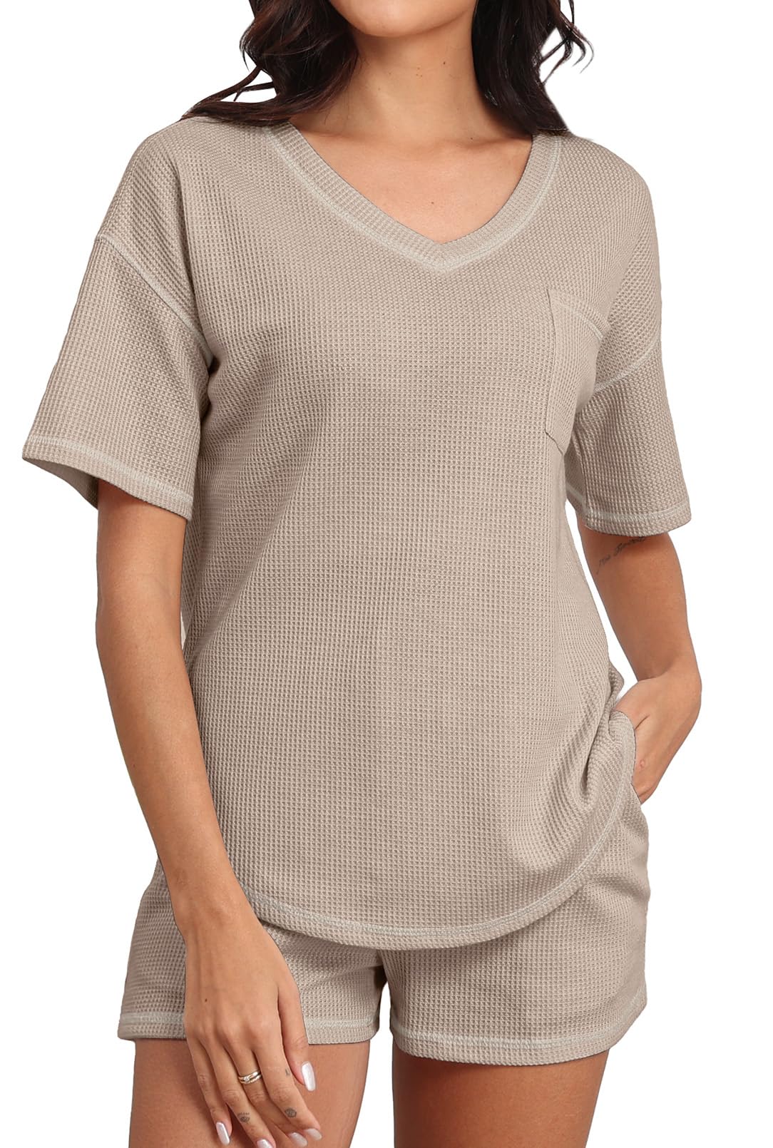 PrinStory Women's Waffle Knit Pajama Set - Short Sleeve Top & Shorts Lounge Outfit with Pockets | Soft Sleepwear for Nighttime & Cozy Loungewear for Home Relaxation