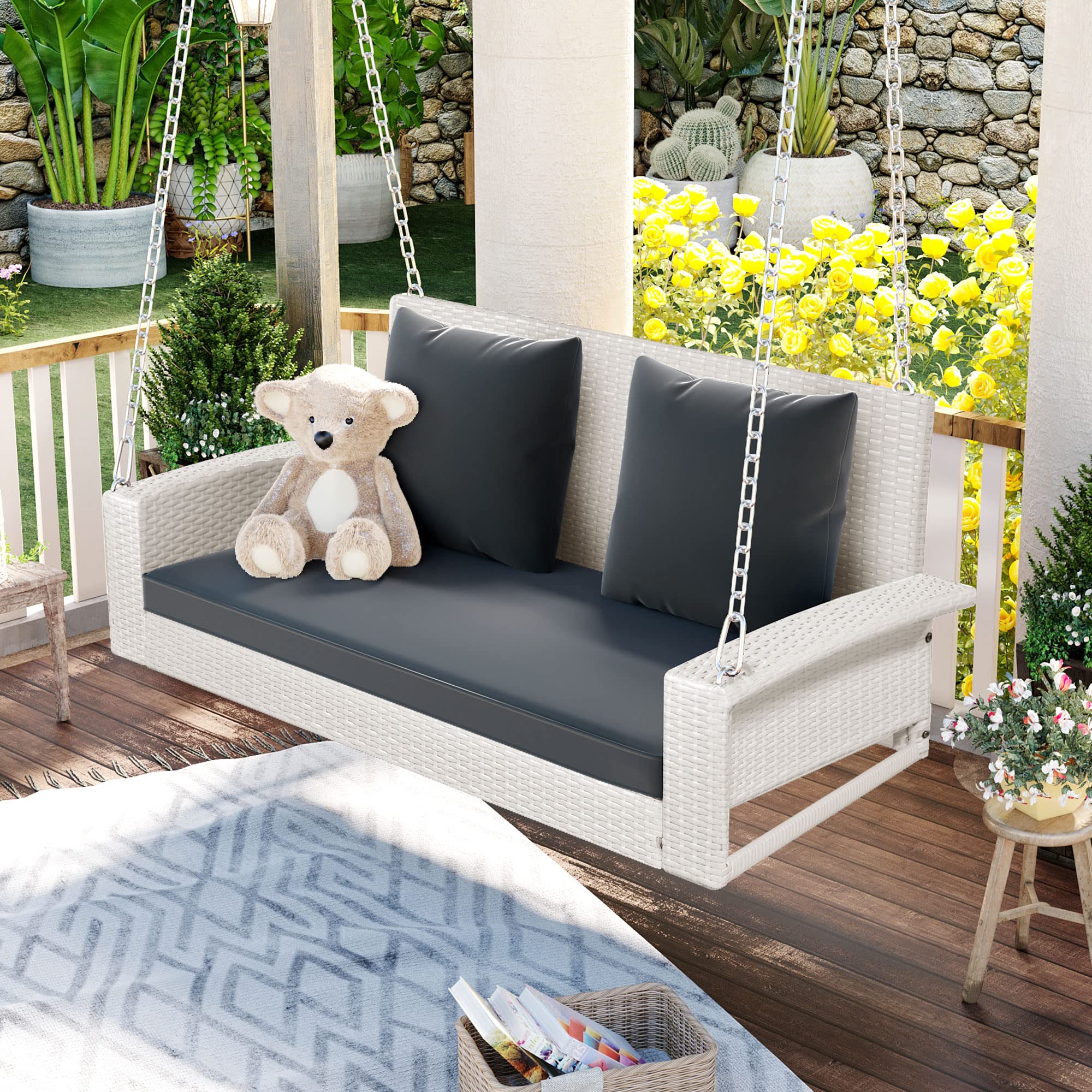 Polibi 2-Seat Rattan Swing Bench with Chains & Cushion Pillow - White Wicker Grey Cushions - Outdoor Porch Swing for Garden, Backyard, Pond, Patio - Perfect for Relaxing, Reading & Enjoying Nature