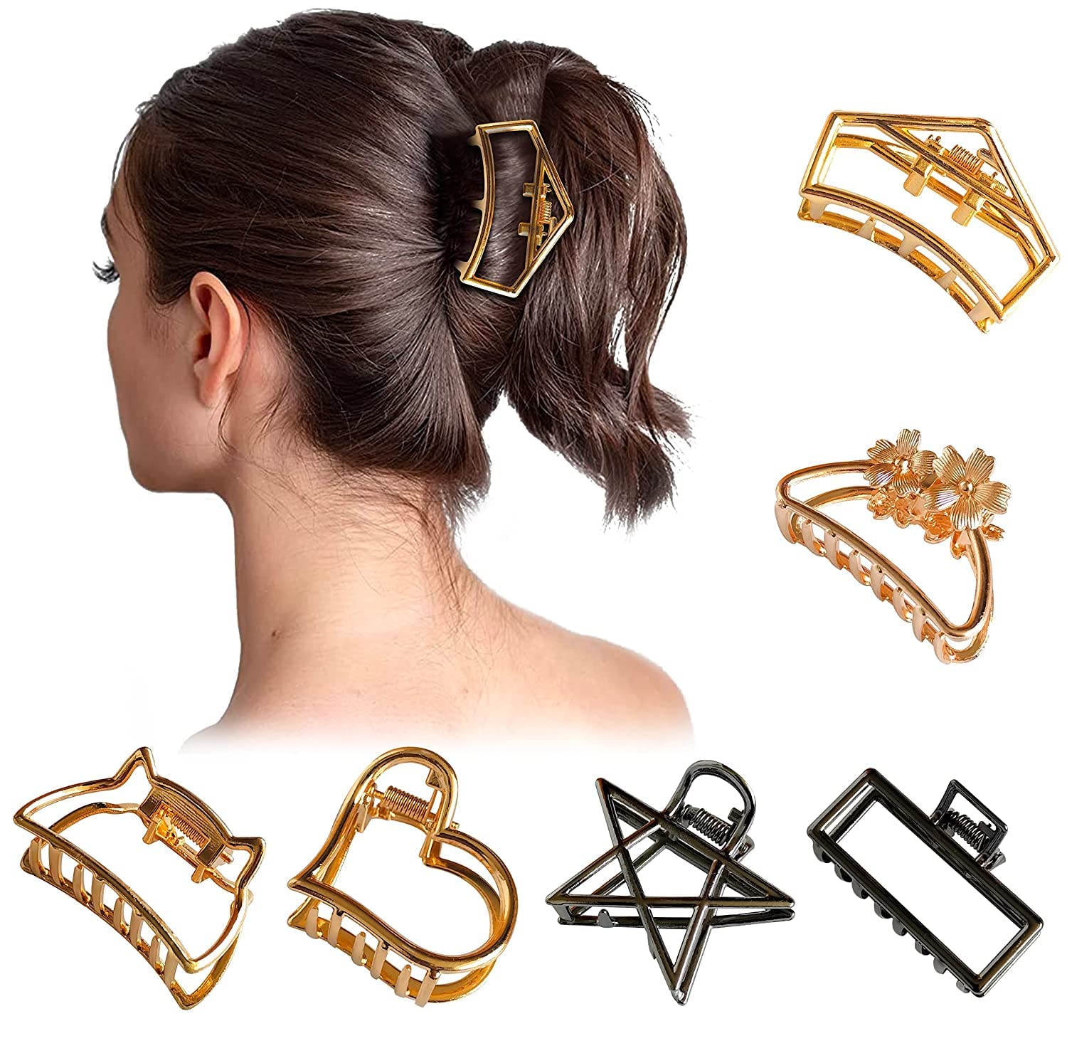 ANNACREATIONS 6-Piece Korean Vintage Gold Metal Hair Claw Clips - Cat Ear & Geometric Hairpins for Women & Girls | Hair Accessories for Parties, Weddings & Everyday Styling (Style 4)