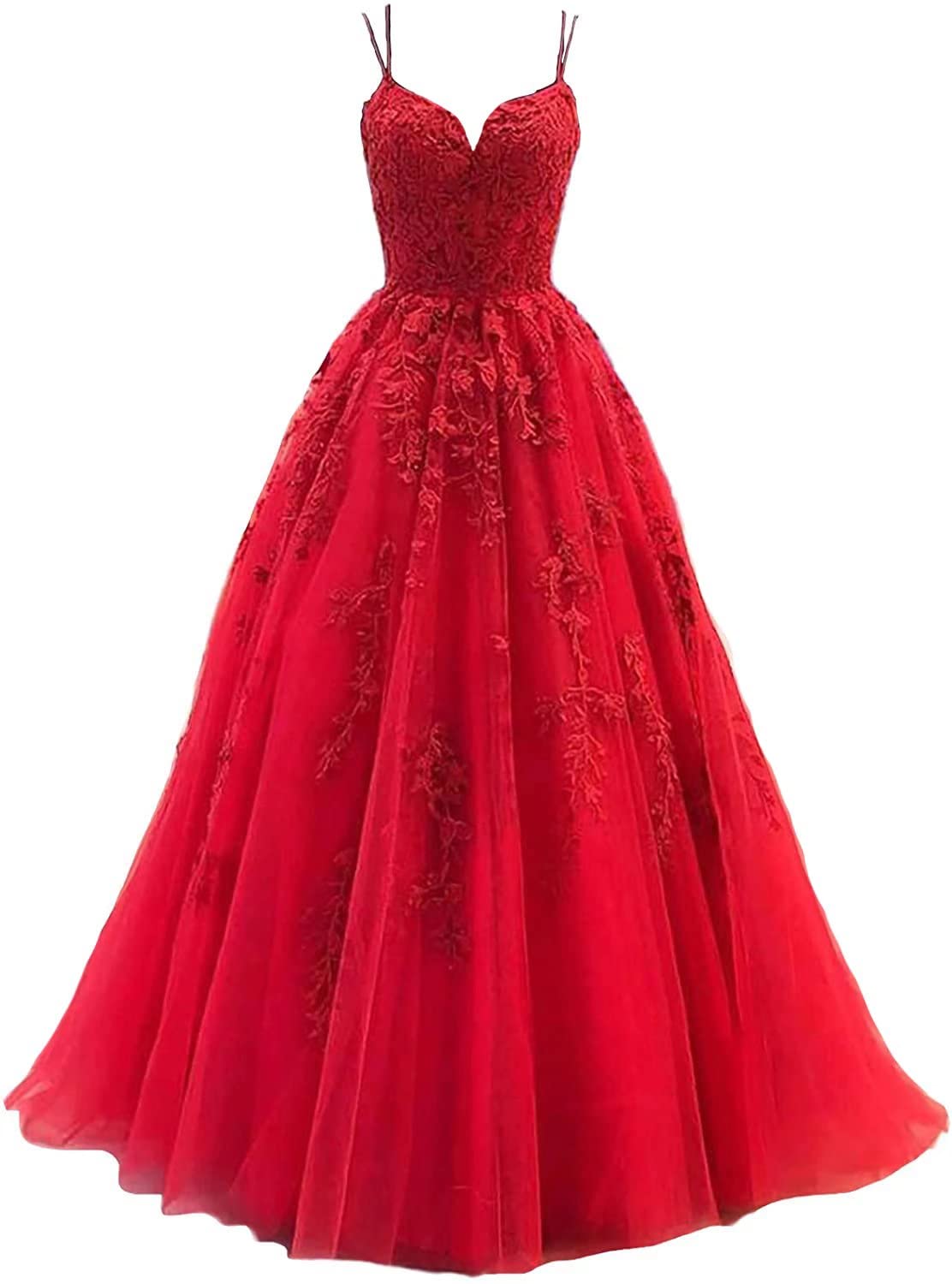 Elegant Lace Appliques Prom Dress Ball Gown with Spaghetti Straps - Long Tulle Formal Evening Party Gown for Homecoming, Wedding, Quinceañera & Special Occasions