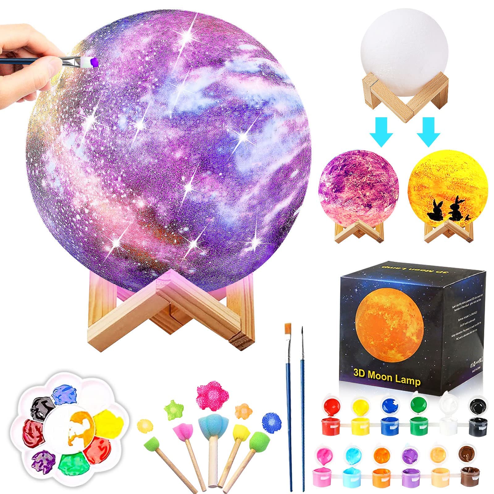 DIY Moon Lamp Painting Kit - Glow in The Dark Night Light with Plastic Stand, Space Themed Kids Art & Craft Project, Creative Gift for Teens Girls & Boys Ages 3-12 | Bedroom Decor, Birthday Present, Science Learning Toy, Relaxing Night Light for Kids Room