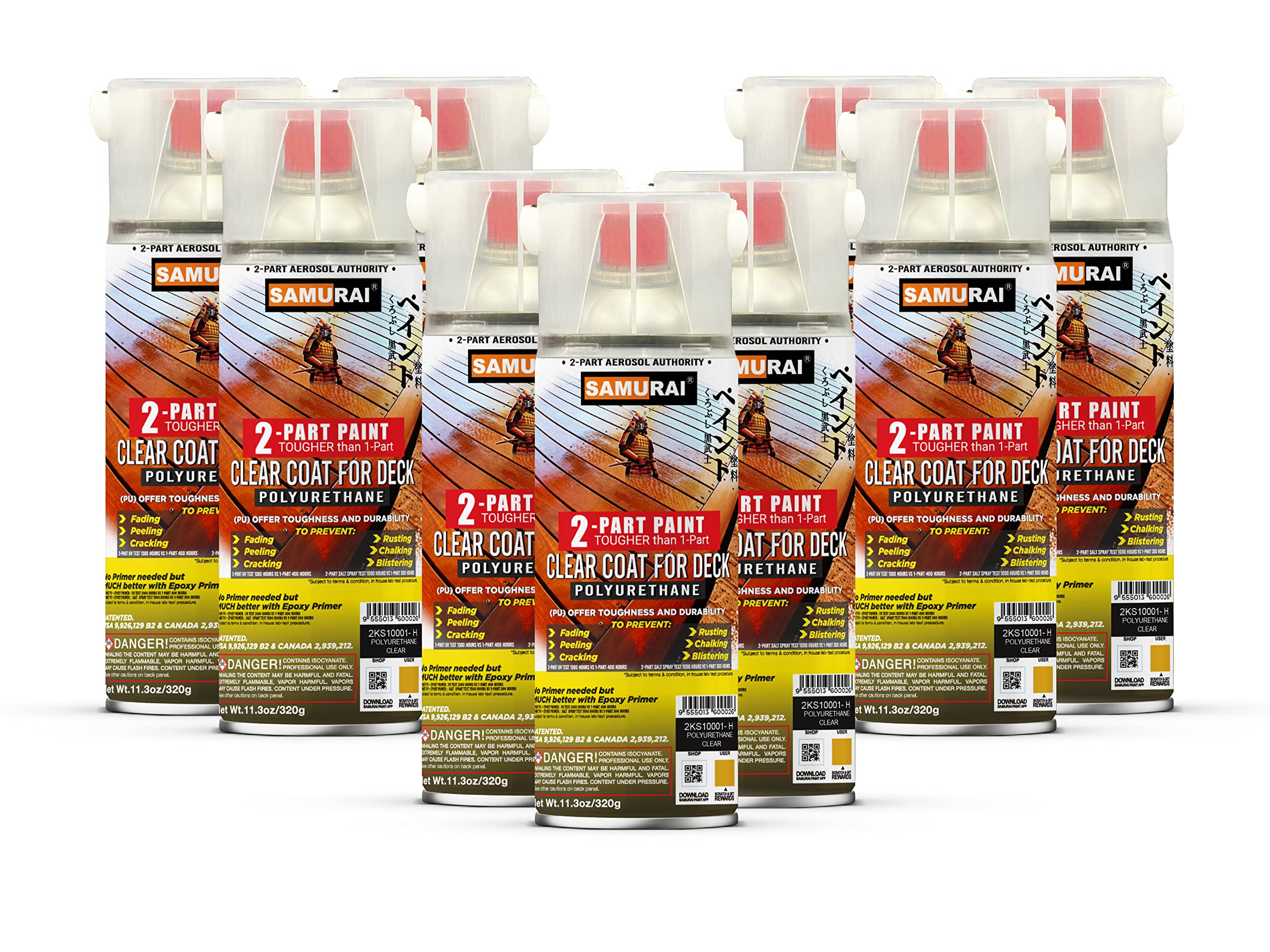 Samurai 2-Part Polyurethane Deck Clear Coat Spray Paint - High Gloss Protective Finish (Clear, 9 Cans) - Perfect for Outdoor Wooden Decks, Patio Furniture & Marine Applications