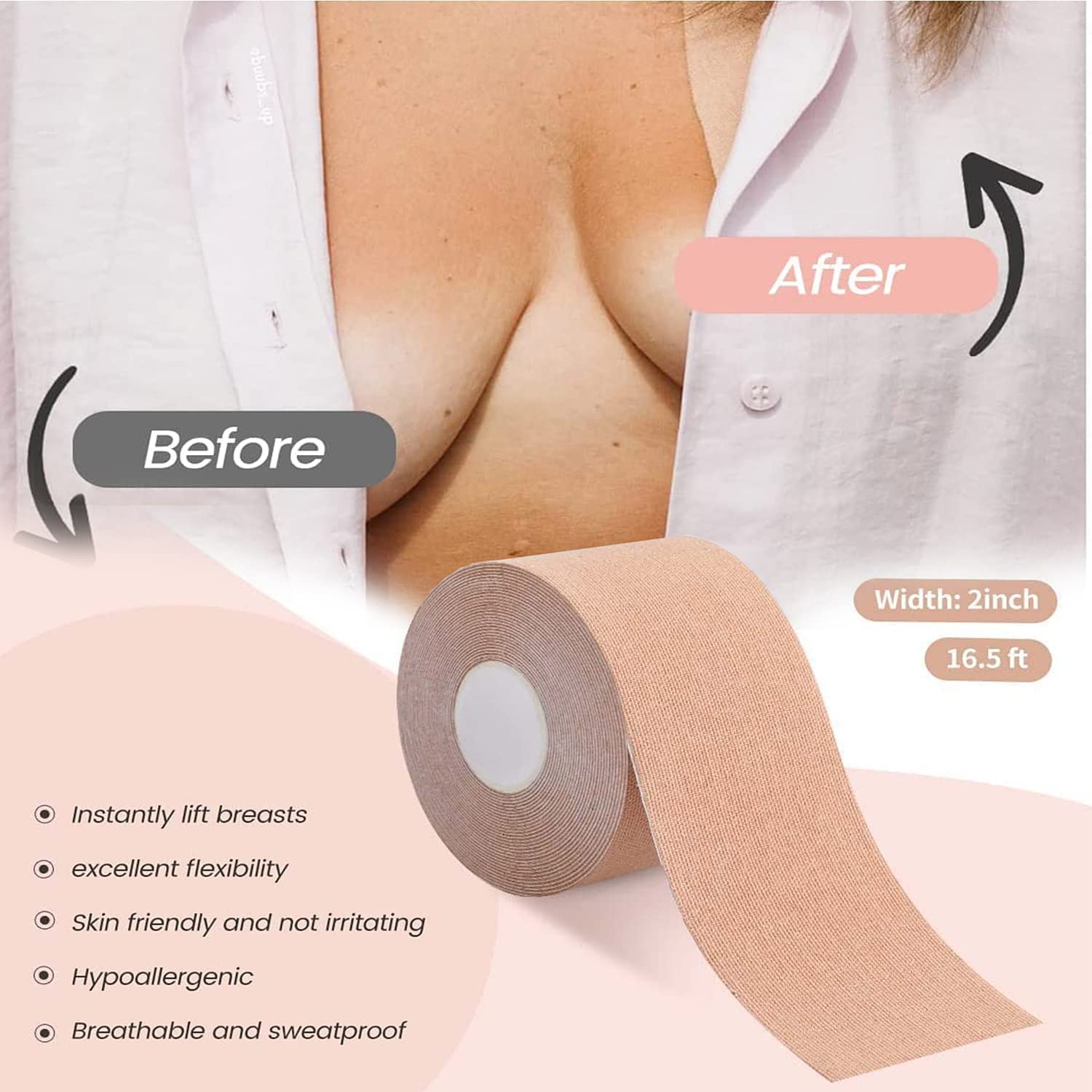 SHAPERX Boob Tape for Women - 5M Waterproof & Sweat-Proof Breast Lift Tape | Body Tape for Breast Support, Contour & Lift - Perfect for Dresses, Swimsuits & Backless Outfits