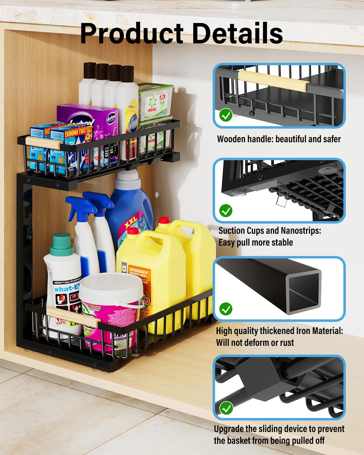 Under Sink Organizer Pull Out Storage - 2 Tier Sliding Metal Rack for Kitchen & Bathroom Cabinet (Black, 1 Pack) | Space Saving Solution for Sponges, Cleaners & Household Supplies