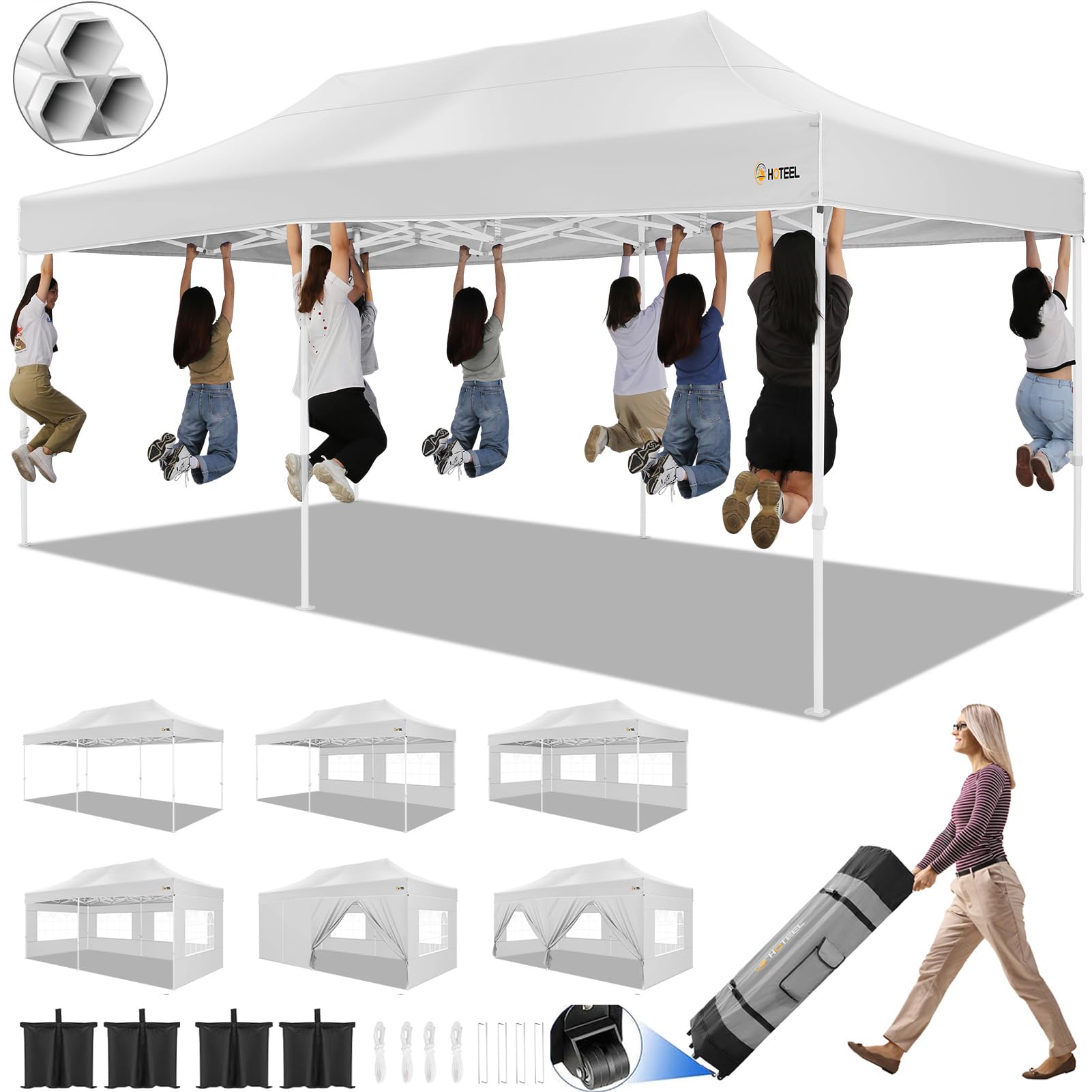 HOTEEL 10x20 FT Heavy Duty Pop Up Canopy Tent with 6 Sidewalls - Easy Setup Instant Gazebo for Outdoor Events, Weddings, Parties - Includes Roller Bag & Sand Bags - White Hexagonal Frame - Perfect for Backyard Gatherings, Farmers Markets, and Beach Outings