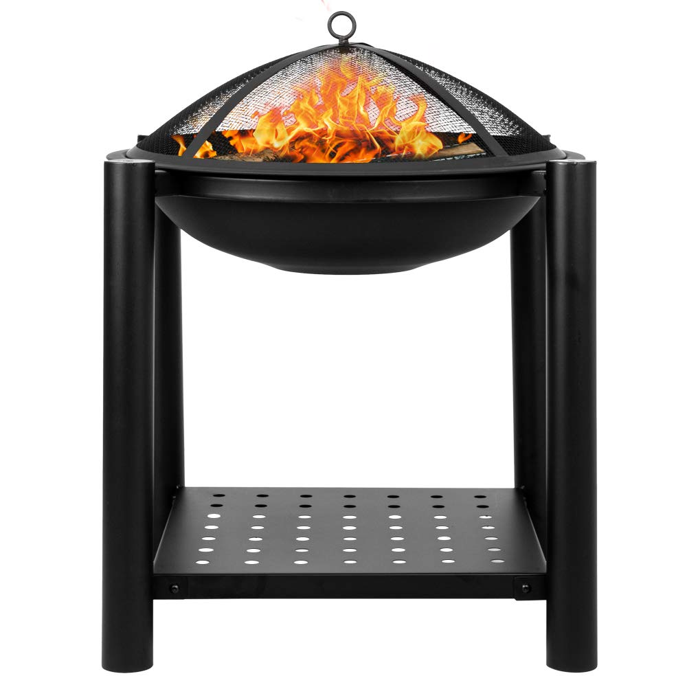 KAAYEE 22 Inch Portable Iron Fire Pit Bowl - Wood Burning Outdoor Fire Pit for Patio, Backyard & Camping - Small Black Firepit with 4 Iron Legs & Shelf - Perfect for Heating, Baking & Outdoor Gatherings