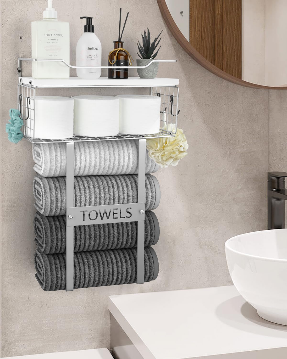 Wall Mounted Bathroom Towel Rack Set - Wooden Vertical Towel Holder with Rolled Towel Shelf for Small Bathroom Storage, Space-Saving Toilet Organizer (Silver) - Perfect for Modern Bathroom Decor and Space Optimization