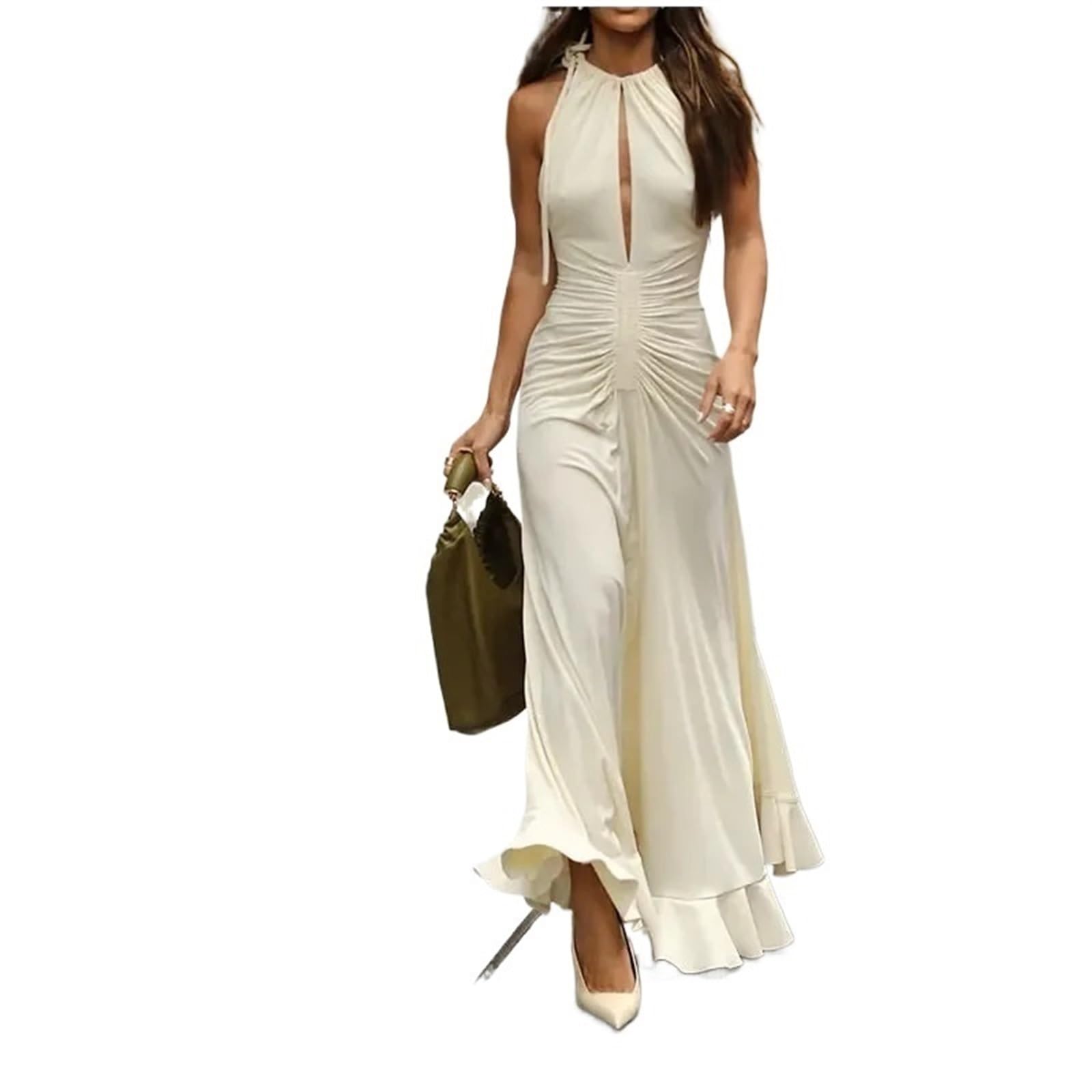 Elegant Pleated Drawstring Slim Flounce Maxi Dress for Women - Sleeveless Ruffle Robe with Cut Out Design | Perfect for Spring Parties, Club Nights & Special Occasions