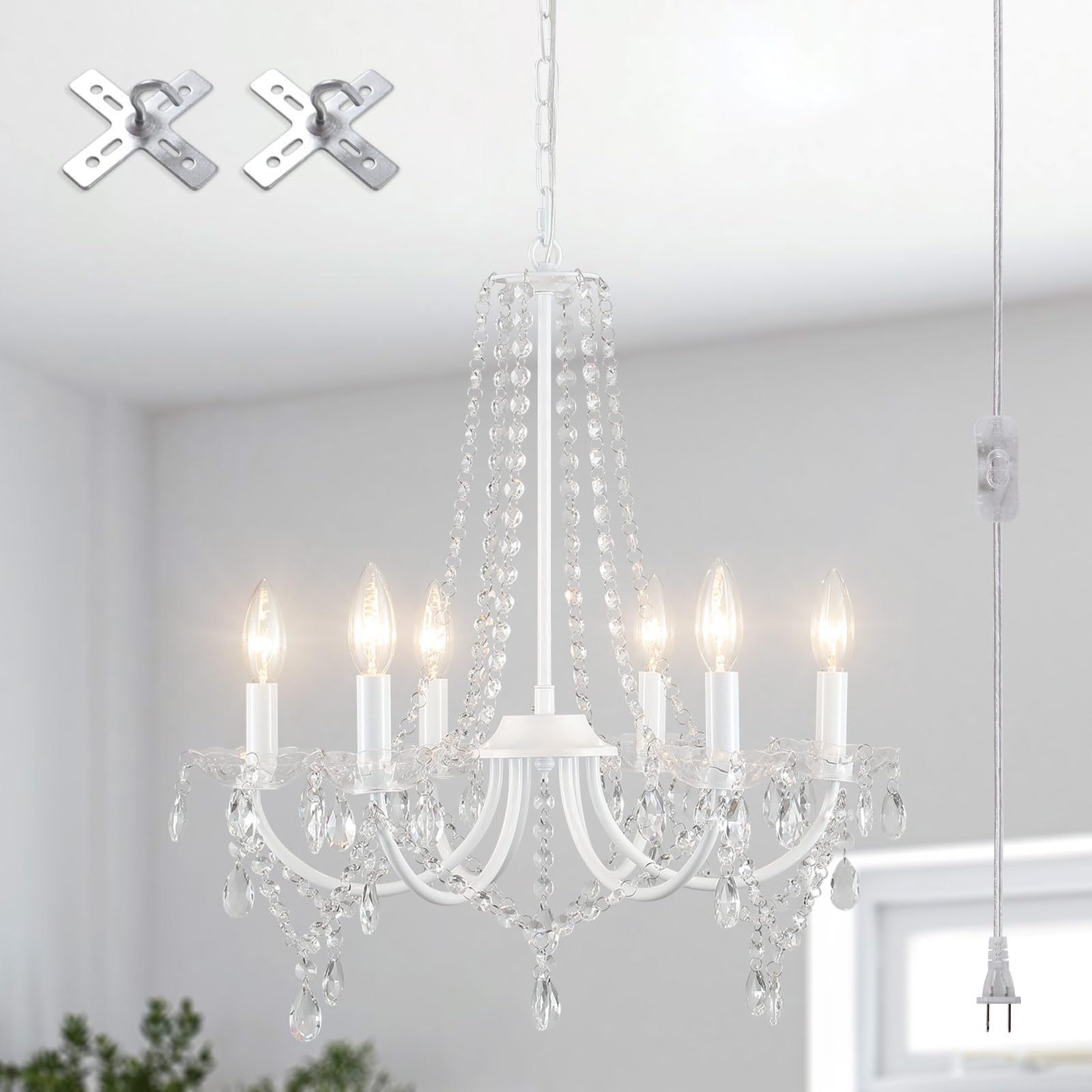 MEIJIA Modern Crystal Chandelier - 6-Light Plug in Ceiling Fixture with 15.75ft Cord, White Mini Chandelier for Dining Room, Bedroom, Bathroom & Hallway | Elegant Lighting for Home Decor & Special Occasions