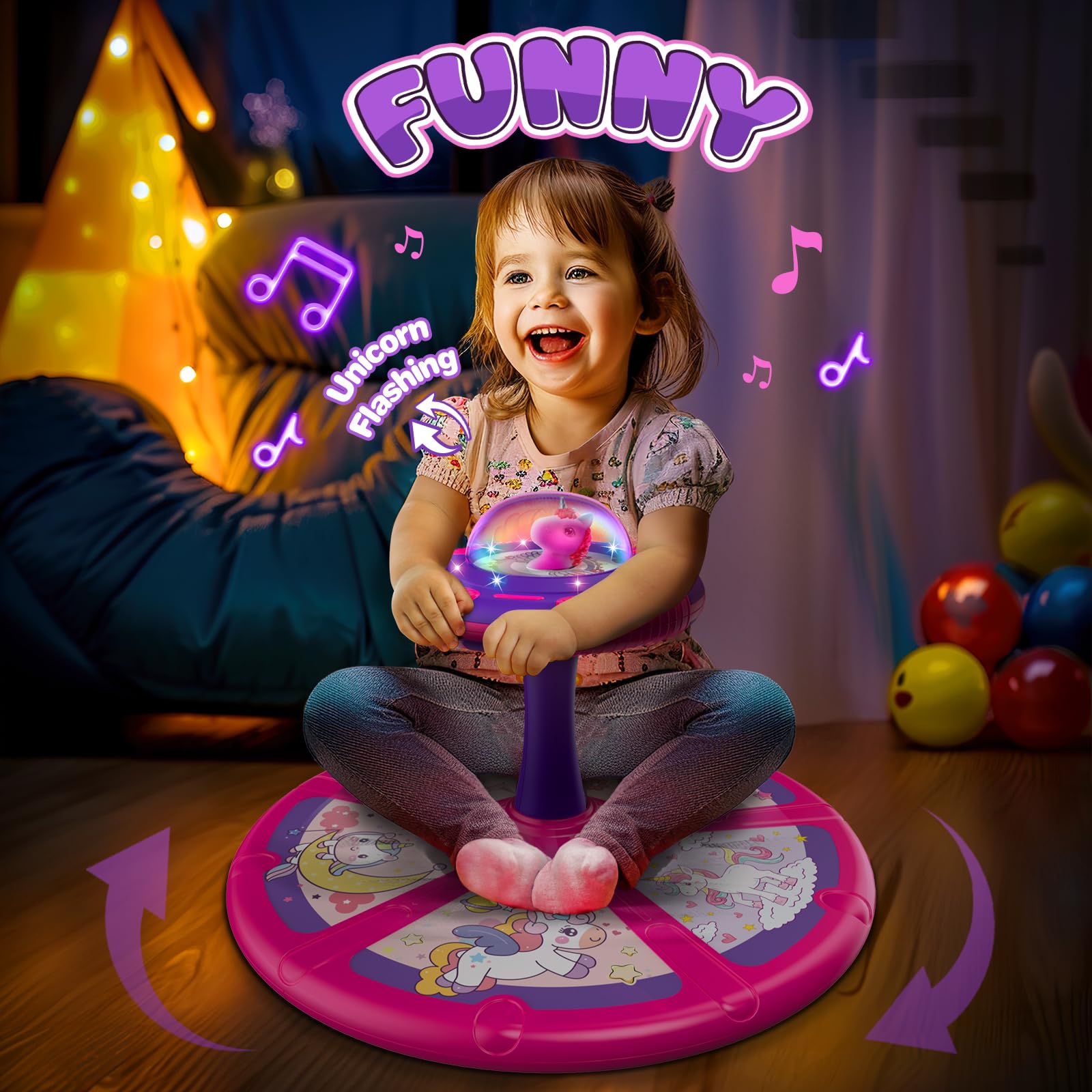 Flooyes Unicorn Sit and Spin Toy for Toddlers 1-3 Years Old - LED Light & Music 360° Rotating Ride-On Toy - Best Birthday Gift for 2-4 Year Old Girls - Perfect for Indoor Play, Preschool Activity & Toddler Entertainment
