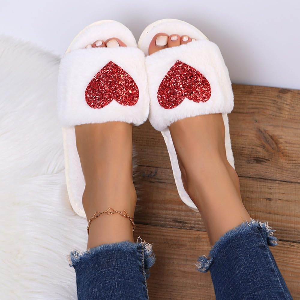 Women's Heart Fuzzy Slippers - Soft Fluffy Cozy House Slides with Open Toe for Indoor Comfort - Perfect for Brides, Lounging & Gift Giving