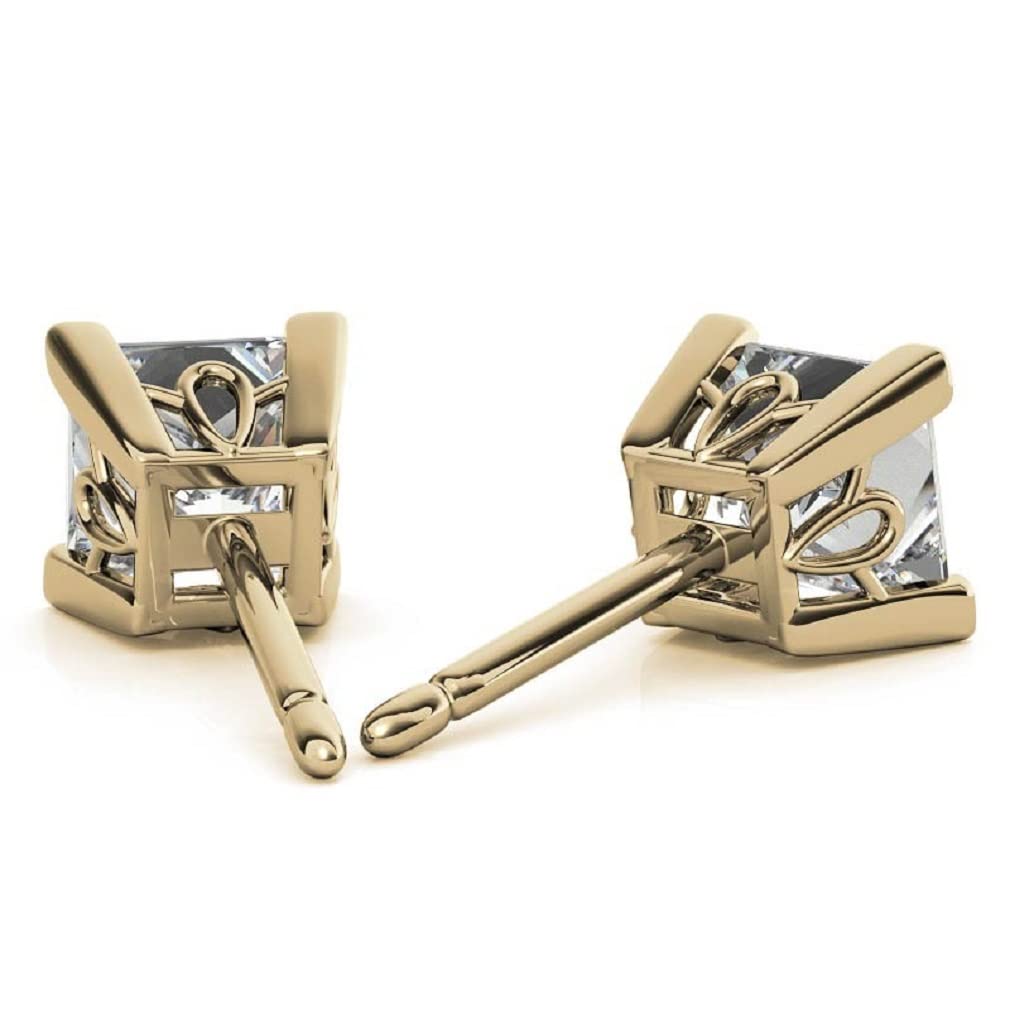 10K/14K/18K Solid Yellow Gold Handmade Stud Earrings with 2.5 TCW Princess Cut Moissanite - Tulip Design Solitaire Diamond Anniversary Earrings for Women | Engagement, Wedding & Bridal Gifts | Push/Screw Back Closure (MDEAR022) | Perfect for Special Occasions, Date Nights & Formal Events