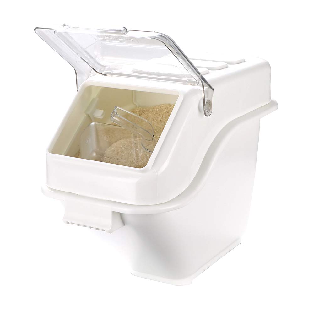 Restaurantware Met Lux 6 Gallon Food Storage Container with Lid & Measuring Scoop - Stackable White Plastic Ingredient Bin for Flour, Sugar & Bulk Foods | Commercial Kitchen & Pantry Organization Solution