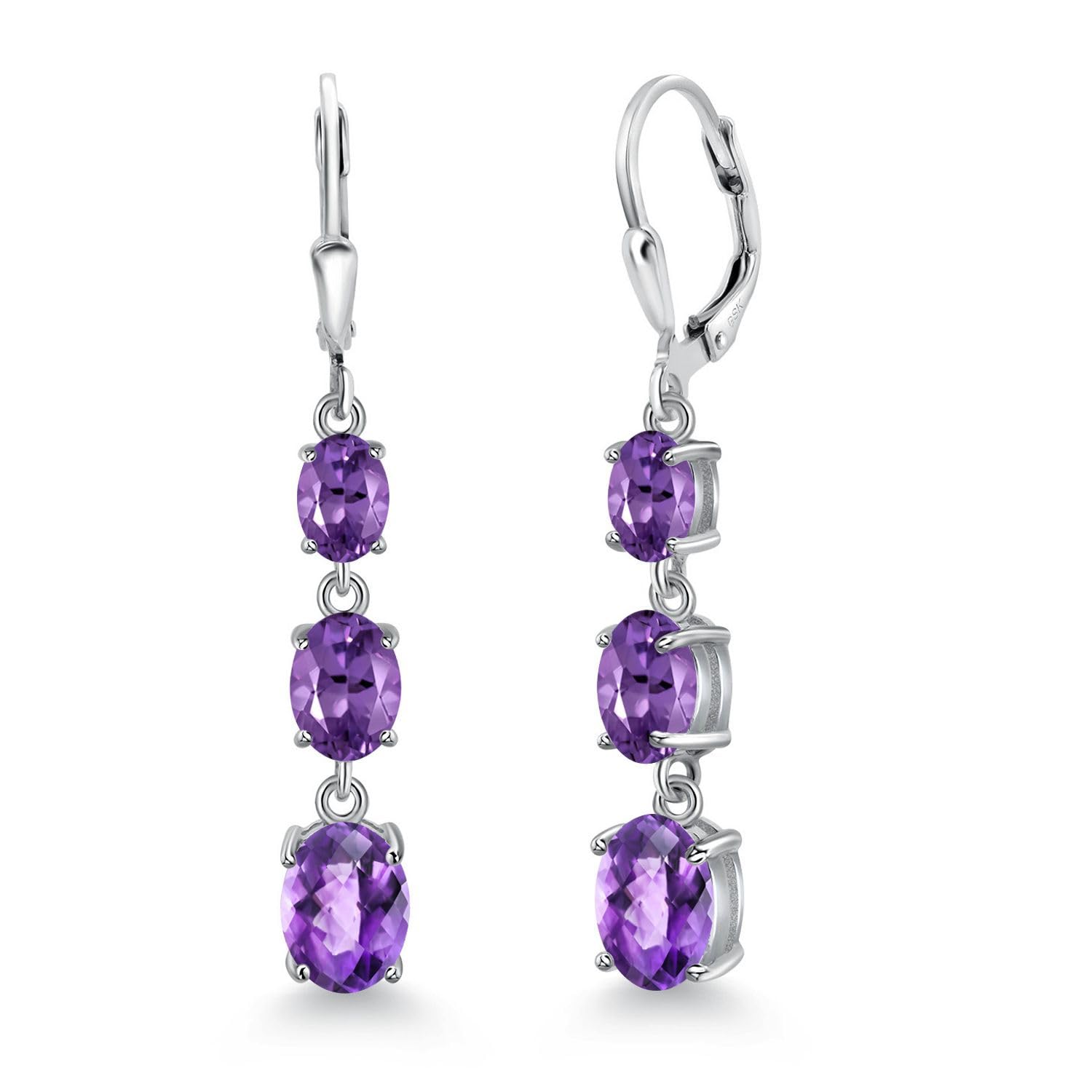 Gem Stone King 3-Stone Leverback Drop Dangle Earrings for Women - 925 Sterling Silver Birthstone Jewelry | Oval 8x6mm, 7x5mm & 6x4mm Gemstones | Elegant Gift for Mom, Wife, Her | Perfect for Weddings, Anniversaries & Special Occasions