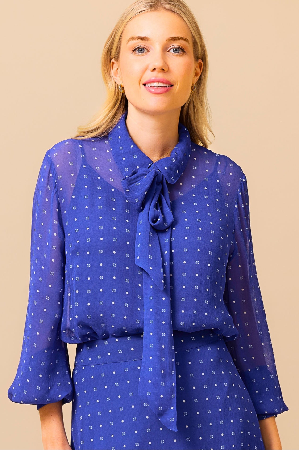 Ffion Women's Polka Dot Cobalt & White Blouse - Stylish Casual Shirt for Work, Date Night & Spring Outfits