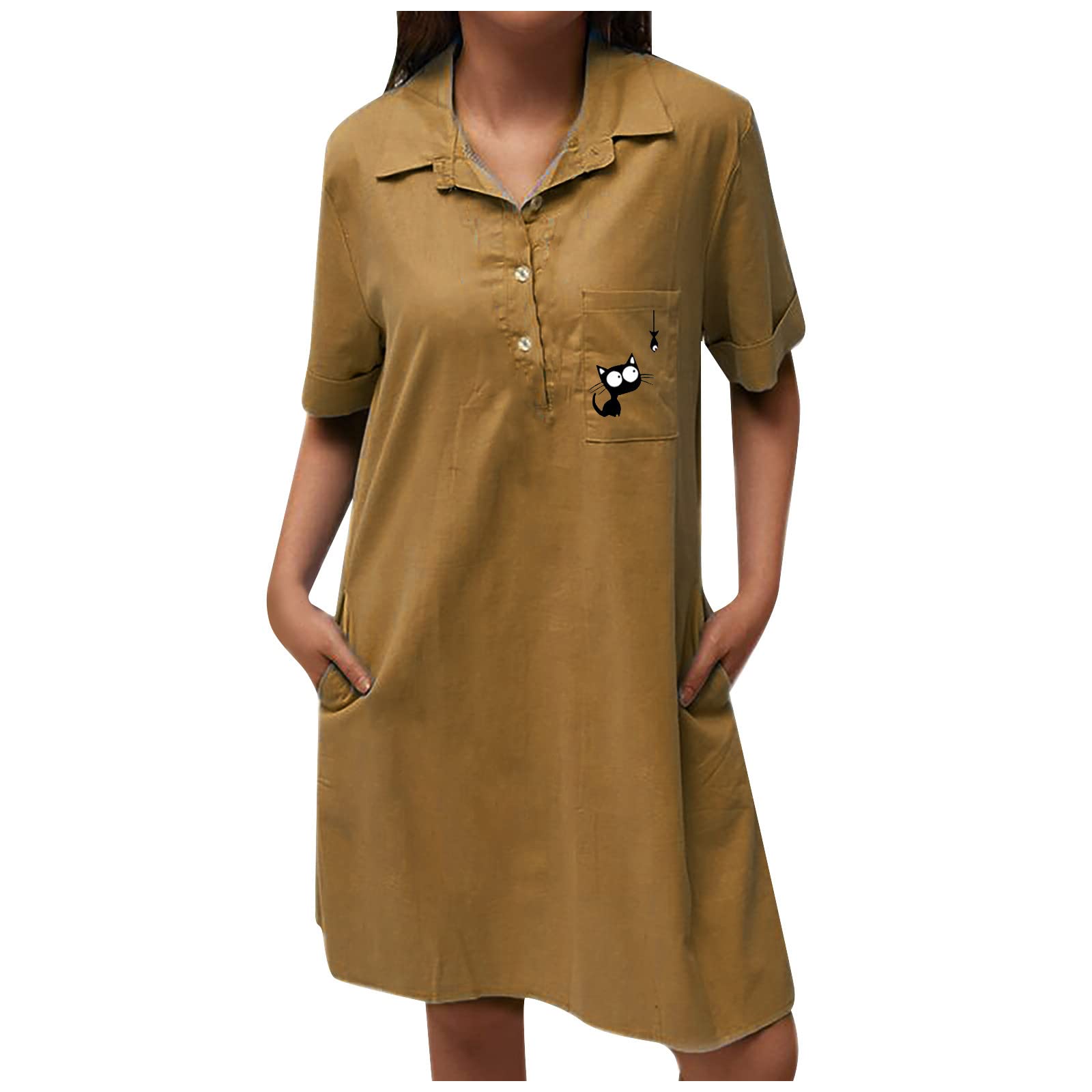 Women's Plus Size Linen Summer Dress - Knee Length Short Sleeve Button Down Loose Fit Beach Vacation House Dress with Pockets | Casual Outfit for Travel, Weekend Wear & Relaxing at Home