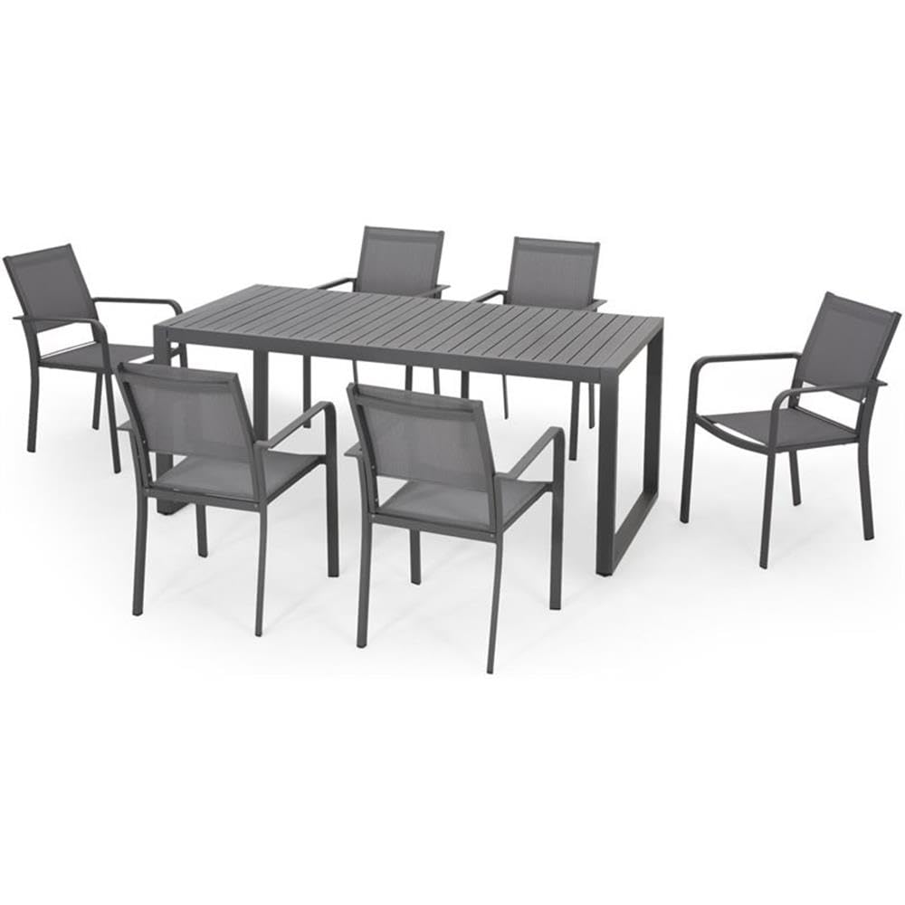 Noble House Jair 7-Piece Aluminum Patio Dining Set in Gray - Outdoor Furniture for Garden, Backyard, and Poolside Dining