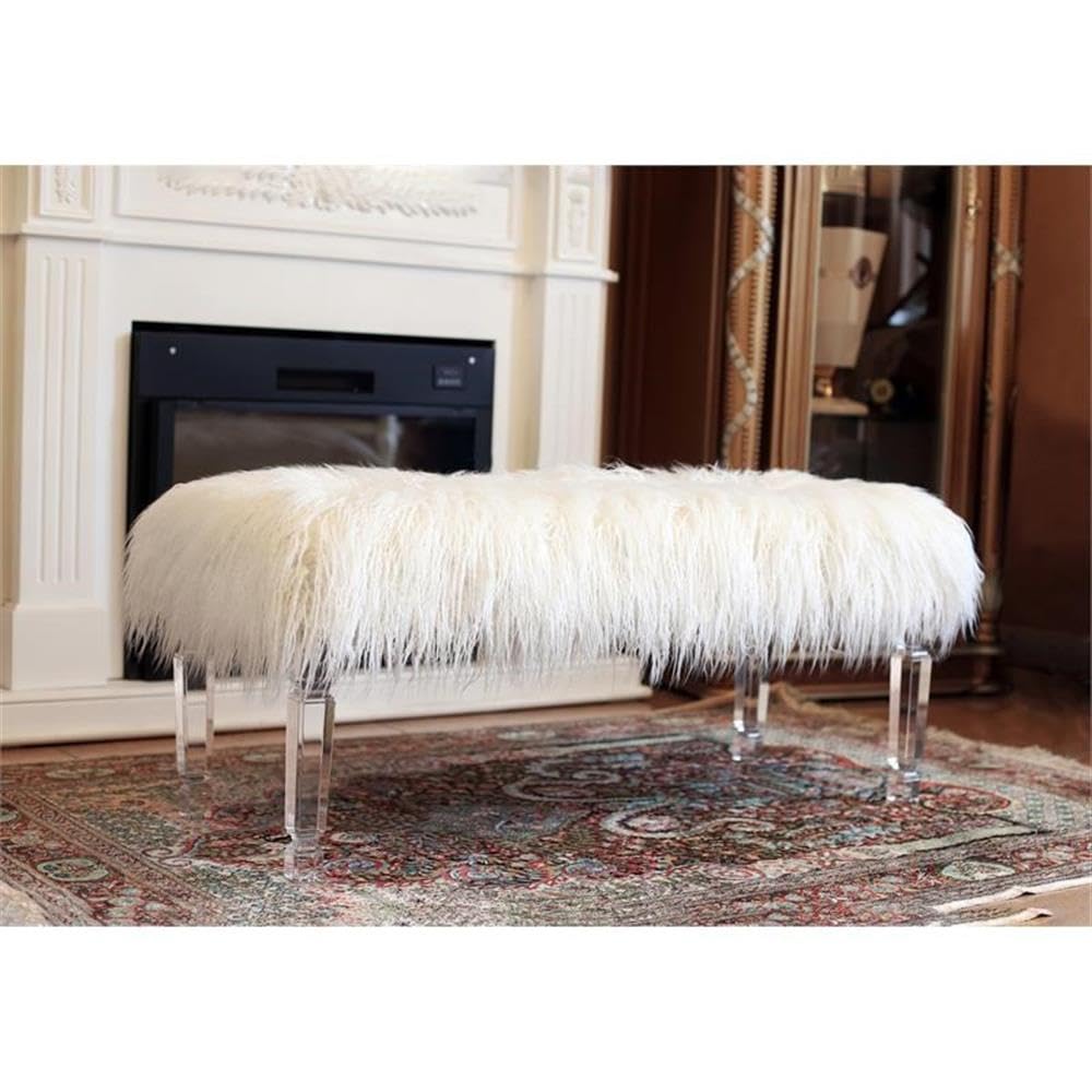 Premium White Rectangle Fur Bench - Soft & Durable Living Room Seating, Bedroom Footstool, Entryway Decor - Best Quality Upholstered Furniture for Home & Office