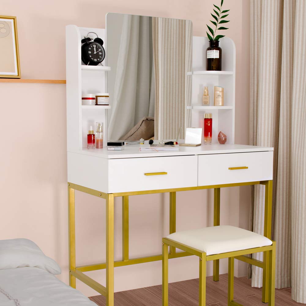 GBB White Steel Frame Vanity Table with Desktop Mirror, 2 Drawers & Stool - Elegant Dressing Table for Bedroom, Hair Salon & Makeup Studio | Perfect for Home Decor, Professional Styling & Beauty Studios