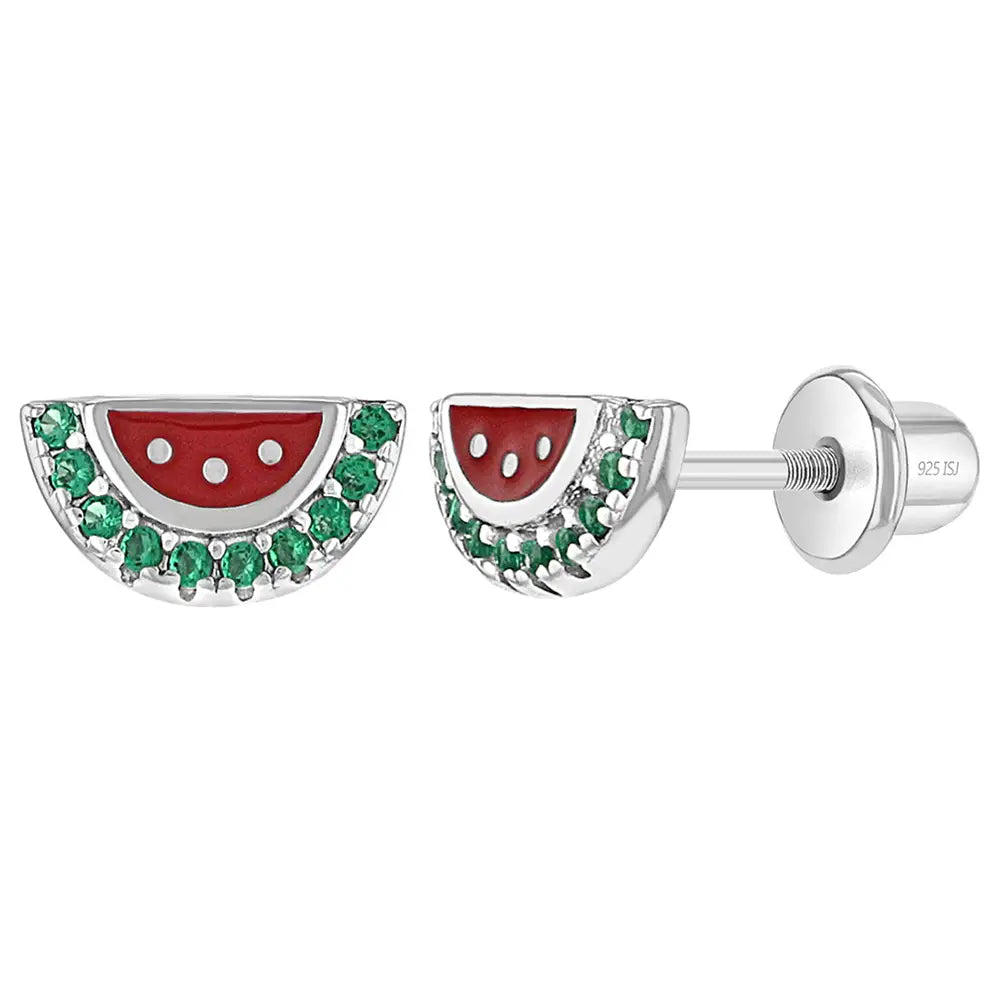 Sterling Silver CZ & Enamel Watermelon Stud Earrings for Kids - Cute Girls' Jewelry Gift for Birthdays, Parties & Everyday Wear