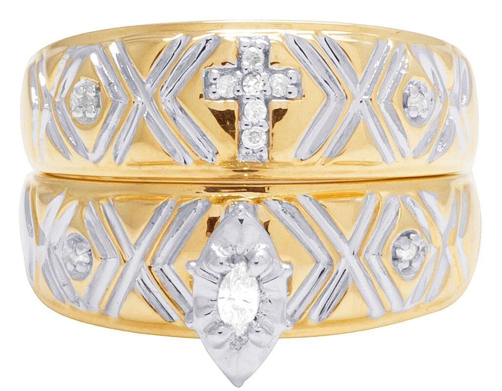 SSJewel 0.12 Ct Oval & Round Cut Diamond Two-Tone Religious Cross His & Her Trio Bridal Wedding Band Engagement Ring Set - 14K Gold Plated 925 Sterling Silver Handmade Anniversary Gift for Women | Perfect for Christian Weddings, Valentine's Day & Proposal Jewelry