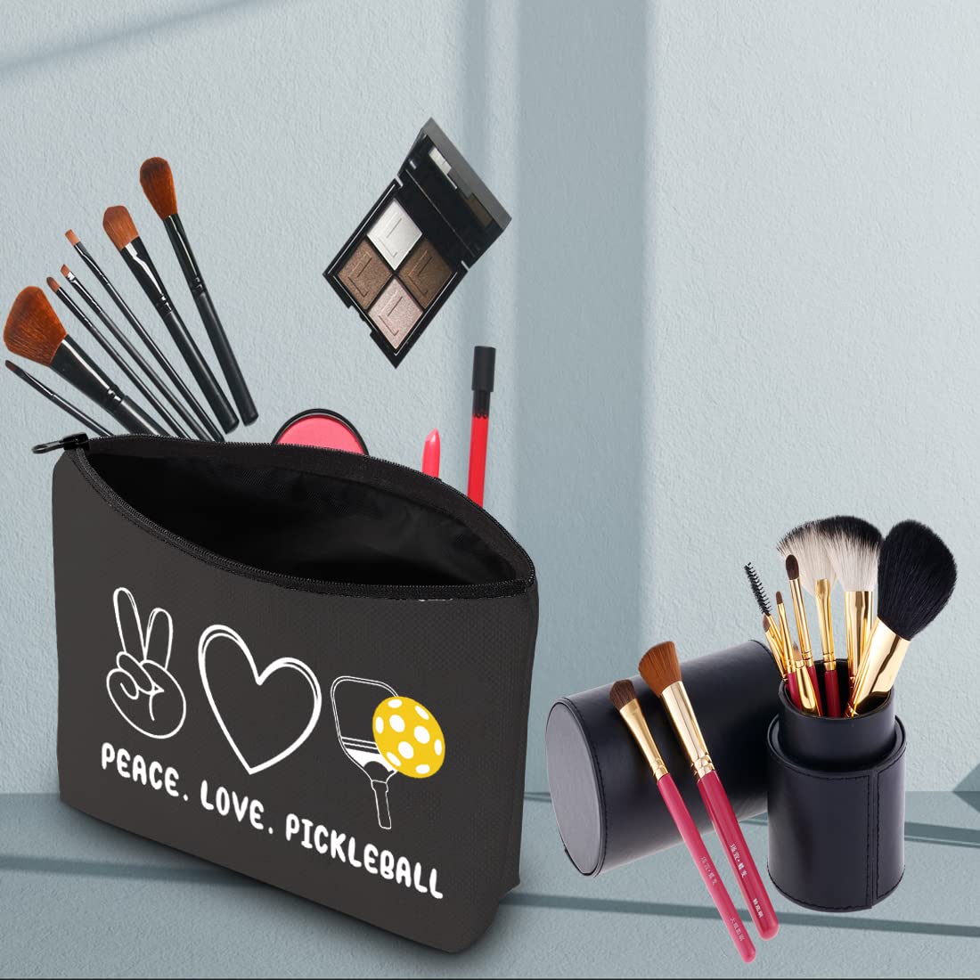 PWHAOO Pickleball Cosmetic Bag - Peace Love Pickleball Themed Makeup Pouch for Women | Perfect Gift for Pickleball Players & Lovers | Great for Gym, Travel & Sports Accessories Storage
