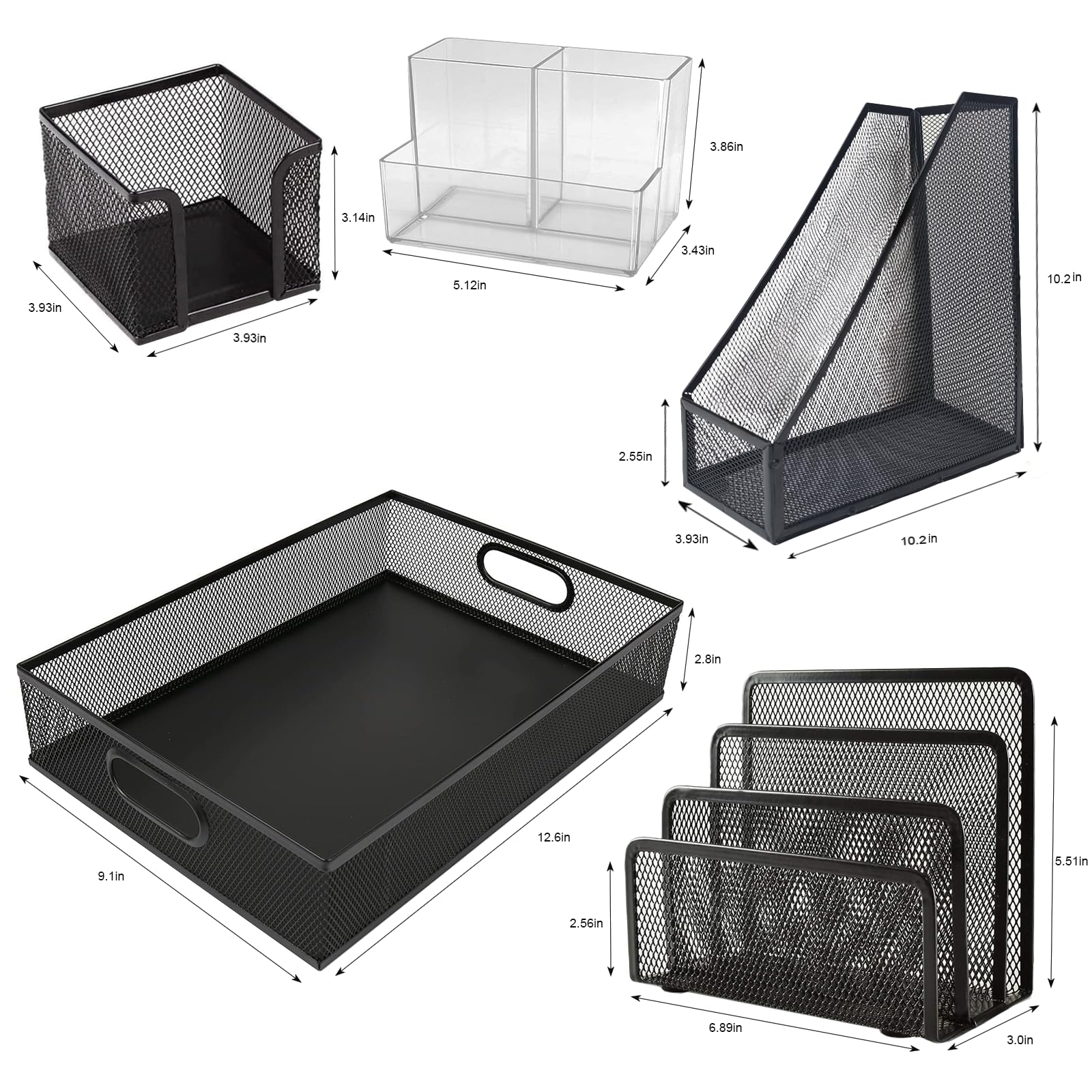 5-Piece Black Office Desk Organizer Set - File Tray, Magazine Holder, Pen Cup, Sticky Note Holder & Letter Mail Sorter for Home & Office Workspace Organization | Perfect for Desk Accessories, Office Supplies & Productivity Tools