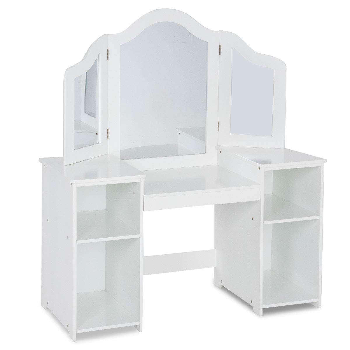 **White Kids Vanity Table with 4 Storage Shelves & 2 Folding Mirrors - 2-in-1 Makeup Dressing Table for Girls, Perfect for Bedroom Playroom & Birthday Gifts**