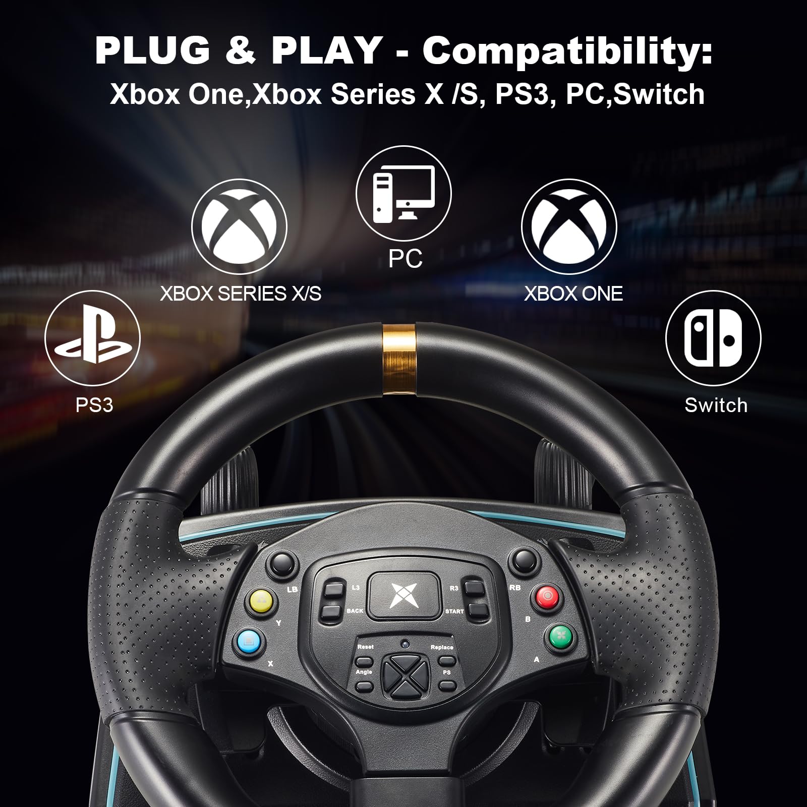 NBCP Xbox One Racing Wheel with Hall Effect Pedals - 900°/1080° Rotation, Dual-Motor Force Feedback - Compatible with Xbox Series X|S, Xbox One, Nintendo Switch & PC - Perfect for Racing Games & Simulation Driving