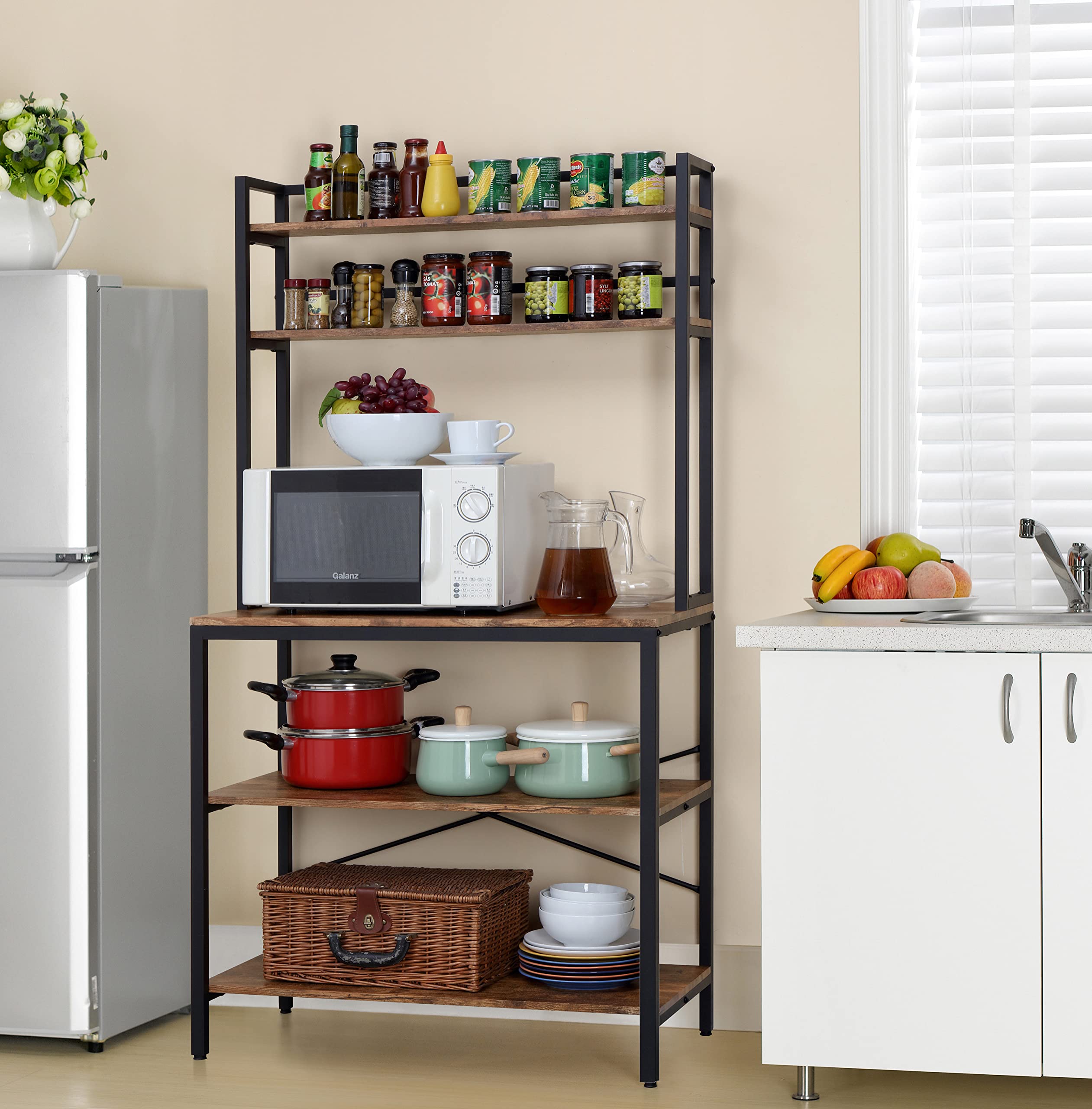 Finnhomy 5-Tier Wooden Kitchen Bakers Rack with Storage Shelves & Hutch - Freestanding Microwave Stand for Pantry, Living Room - Rustic Brown (15.75