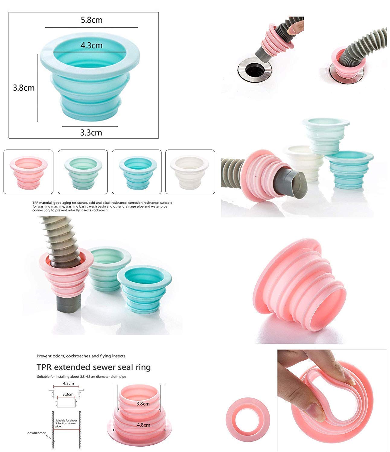 3 Pack Silicone Drain Pipe Hose Deodorant Plug - Washing Machine, Laundry, Bathroom, Bathtub & Kitchen Sewer Seal Ring (3pcs, Random Color) | Prevents Odors & Leaks for Cleaner Home